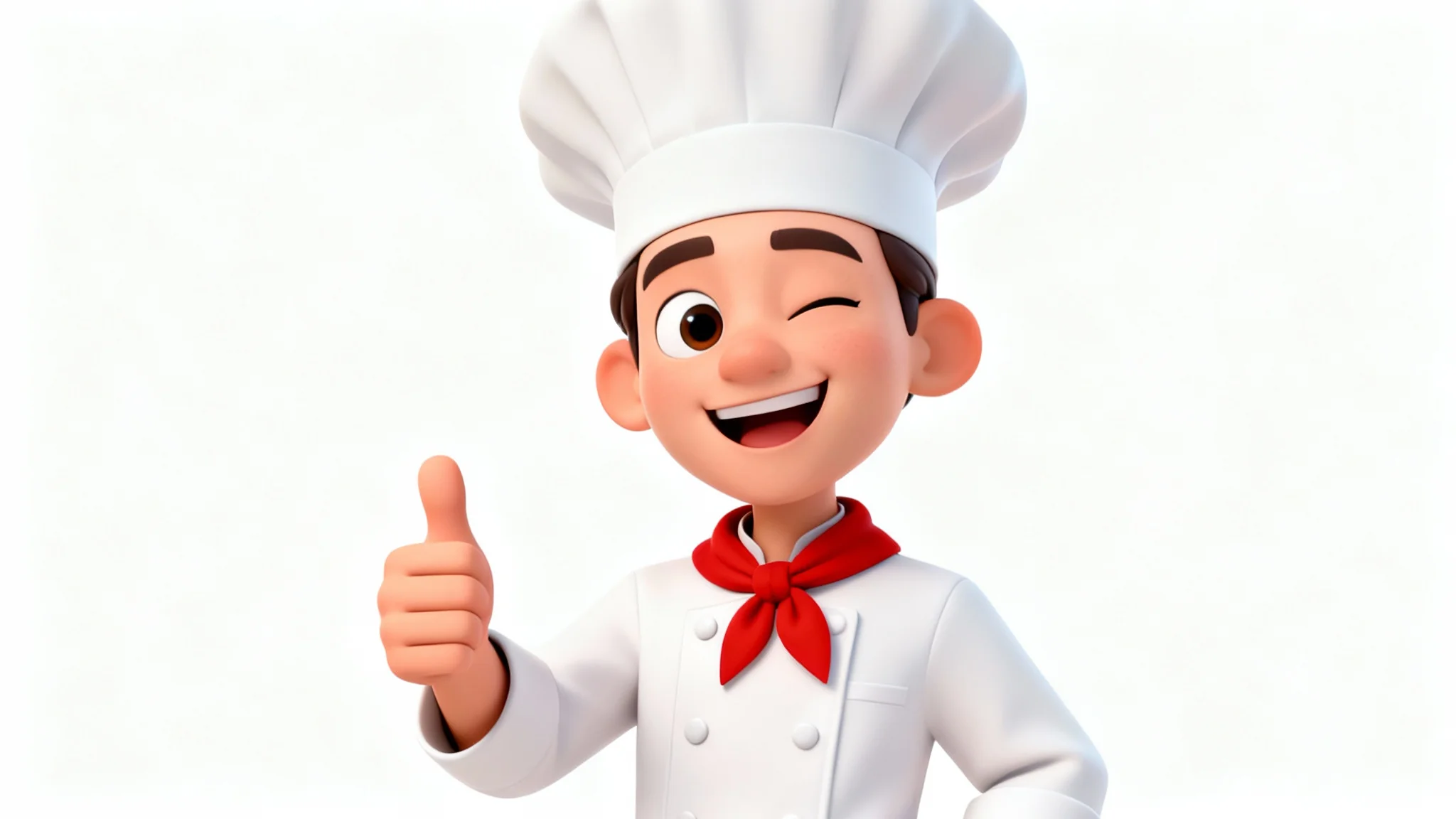 A friendly 3D cartoon chef with a chef's hat and uniform, winking and giving a thumbs-up against a white background.