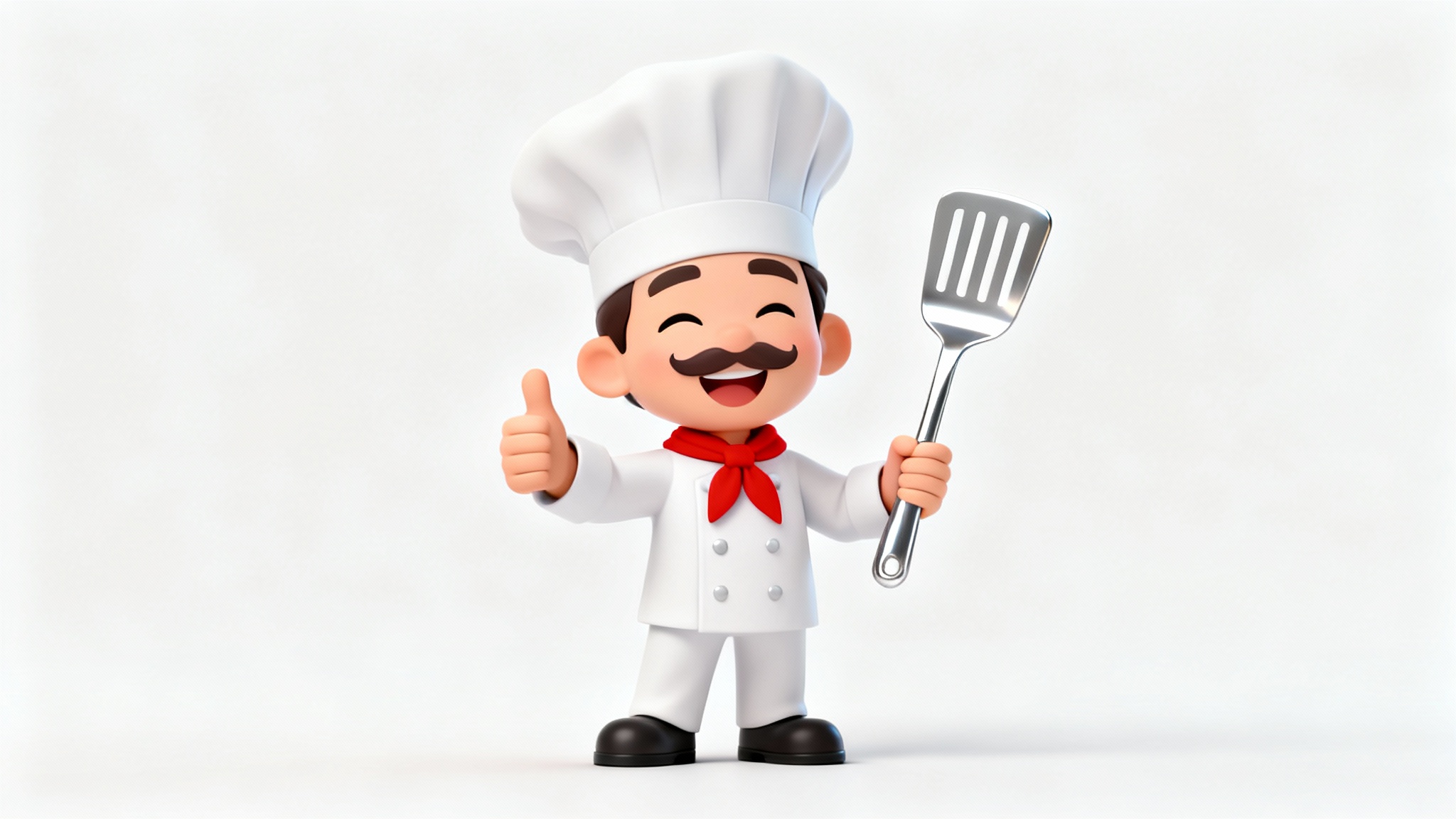A 3D cartoon illustration of a friendly chef with a mustache, winking and giving a thumbs-up while holding a spatula, set against a plain white background.