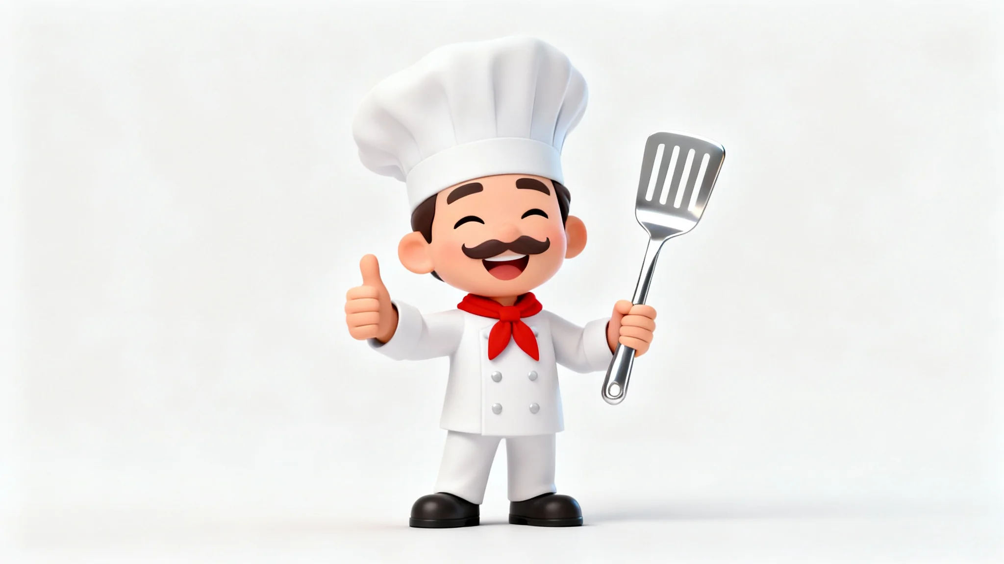 A 3D cartoon illustration of a friendly chef with a mustache, winking and giving a thumbs-up while holding a spatula, set against a plain white background.