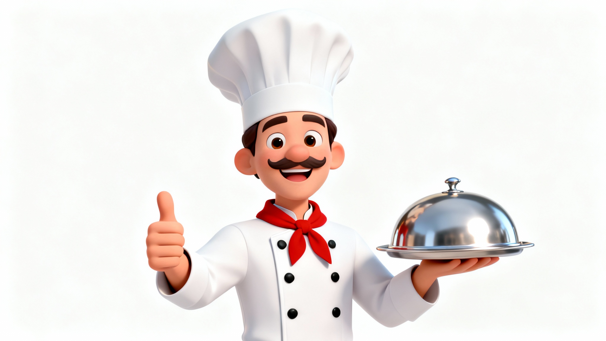 A 3D cartoon illustration of a smiling male chef with a mustache, wearing a white uniform and hat, giving a thumbs-up while holding a serving dome against a plain white background.