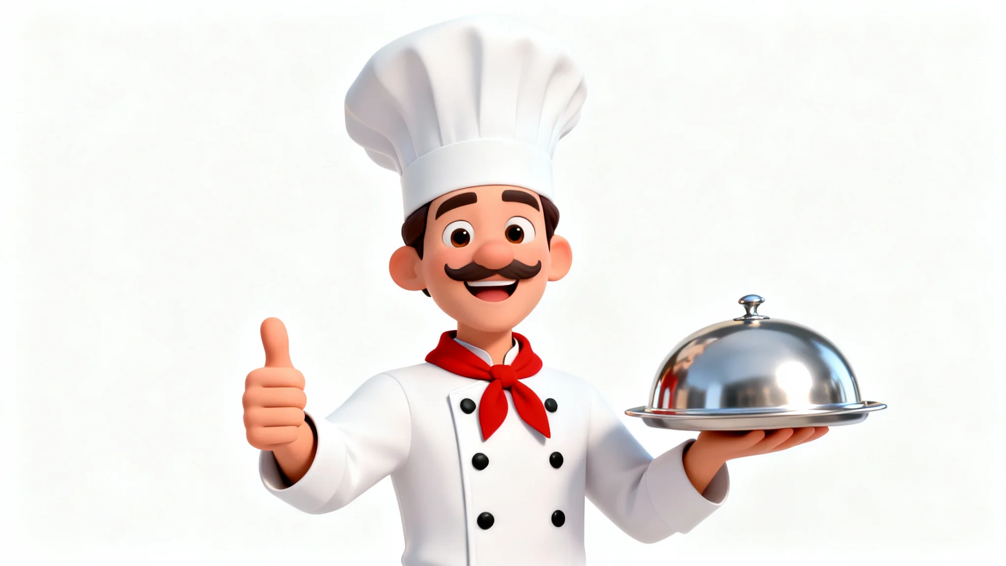 A 3D cartoon illustration of a smiling male chef with a mustache, wearing a white uniform and hat, giving a thumbs-up while holding a serving dome against a plain white background.