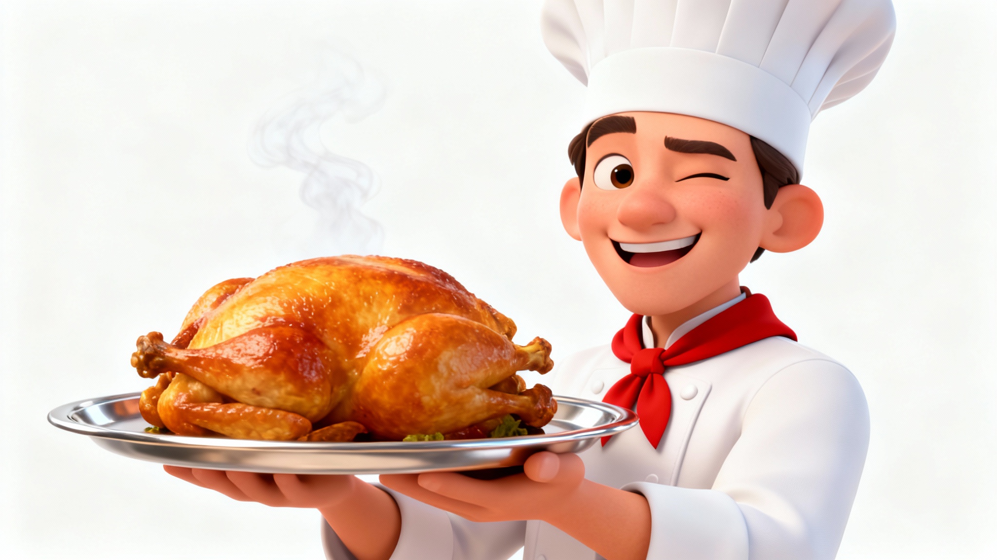 A friendly 3D cartoon chef in a white uniform winks while holding a platter with a roasted chicken, set against a clean white background.