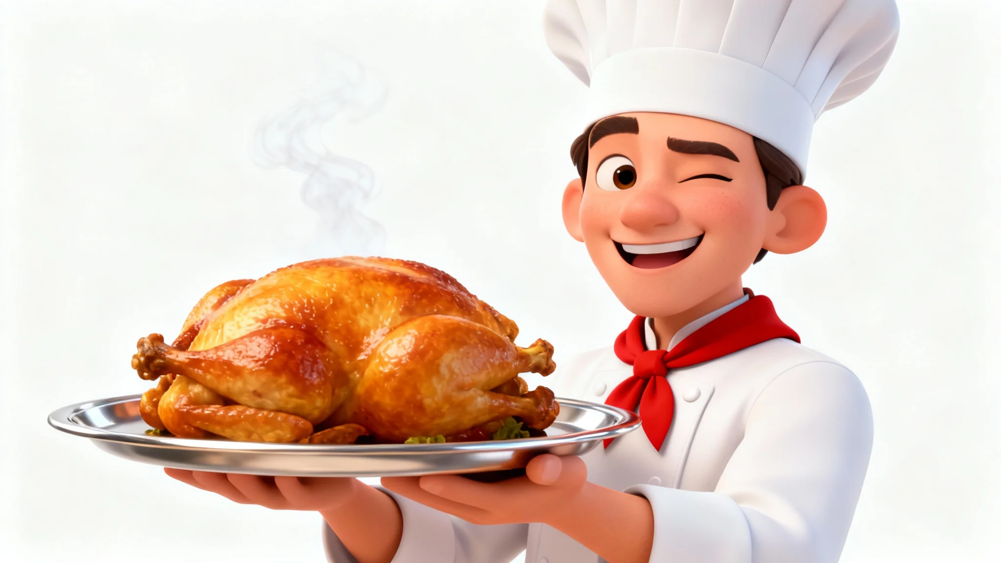 A friendly 3D cartoon chef in a white uniform winks while holding a platter with a roasted chicken, set against a clean white background.