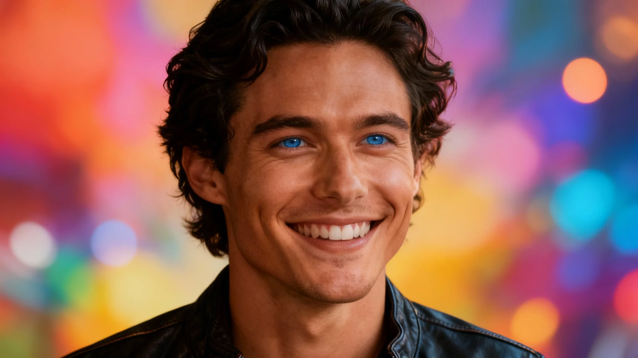 A photorealistic hero image showing a celebrity face mashup result: a striking portrait of a person with blended features, including wavy dark hair, bright blue eyes, and a strong jawline, set against a vibrant, abstract background.
