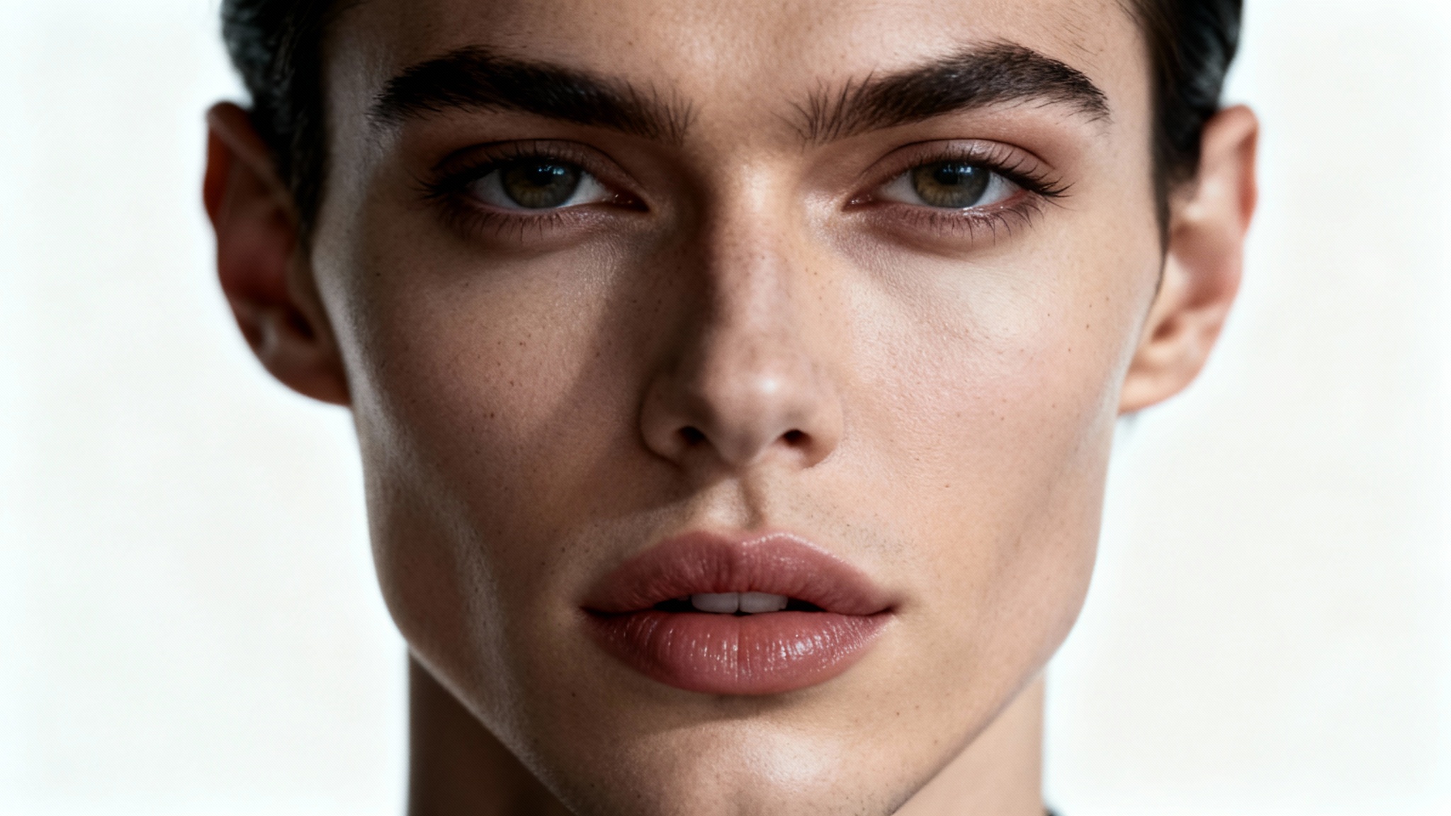 A photorealistic portrait of a celebrity face mashup, seamlessly blending the features of a famous man and a famous woman into a single, new, androgynous face against a plain white background.