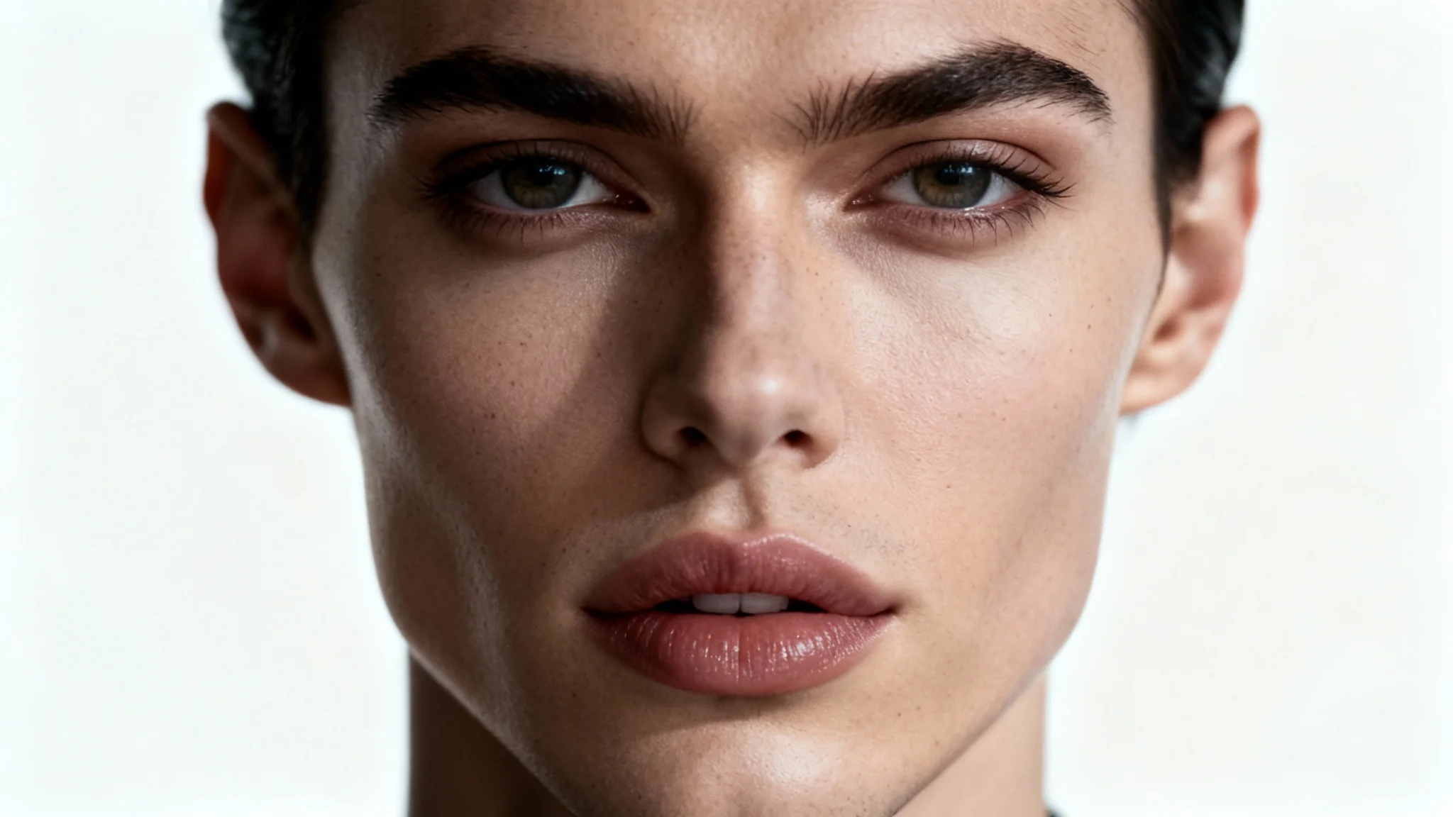 A photorealistic portrait of a celebrity face mashup, seamlessly blending the features of a famous man and a famous woman into a single, new, androgynous face against a plain white background.