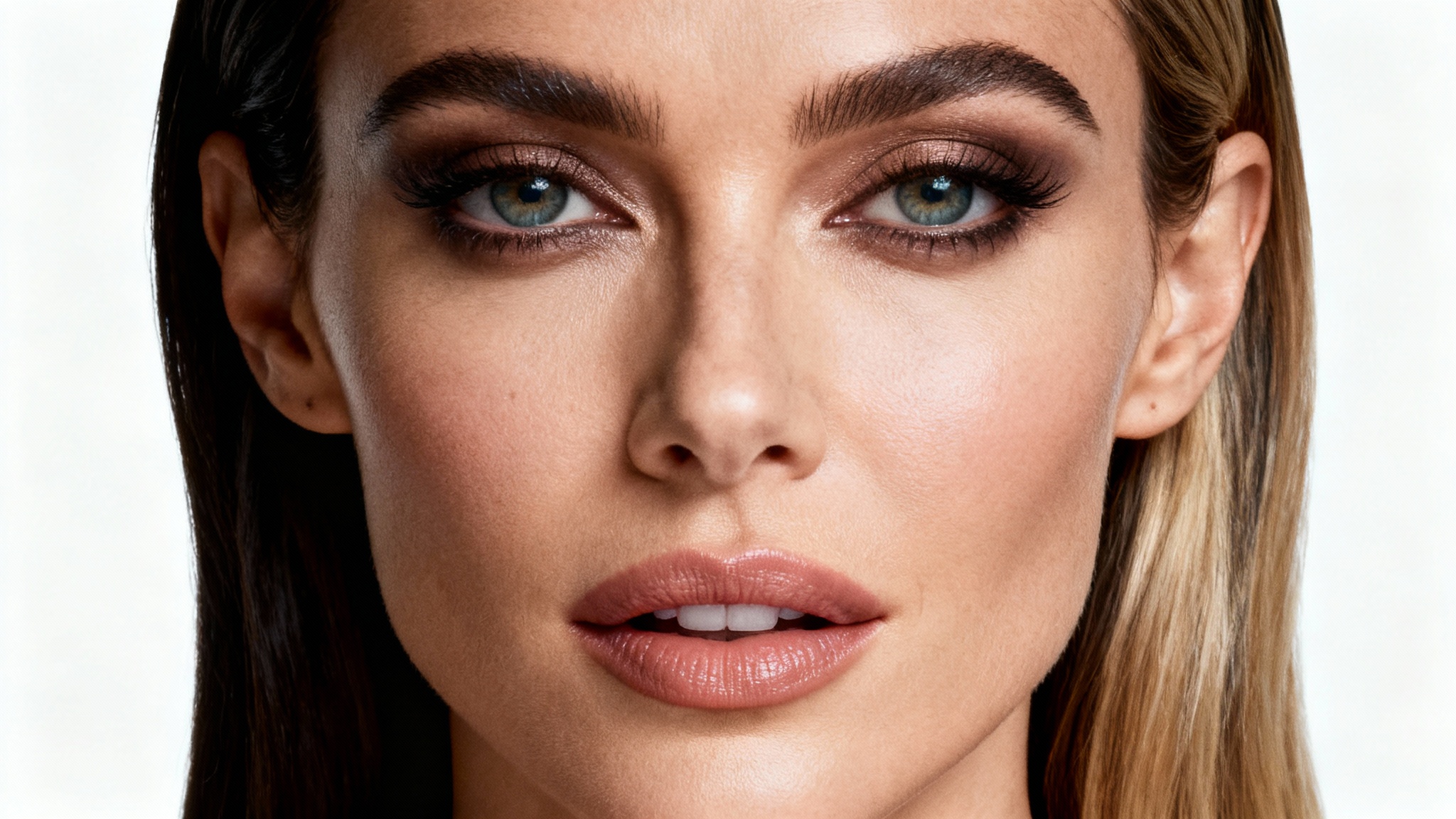 A hyper-realistic studio portrait of a fictional person created by seamlessly blending the faces of two different celebrities, set against a clean white background to illustrate a celebrity face mashup.