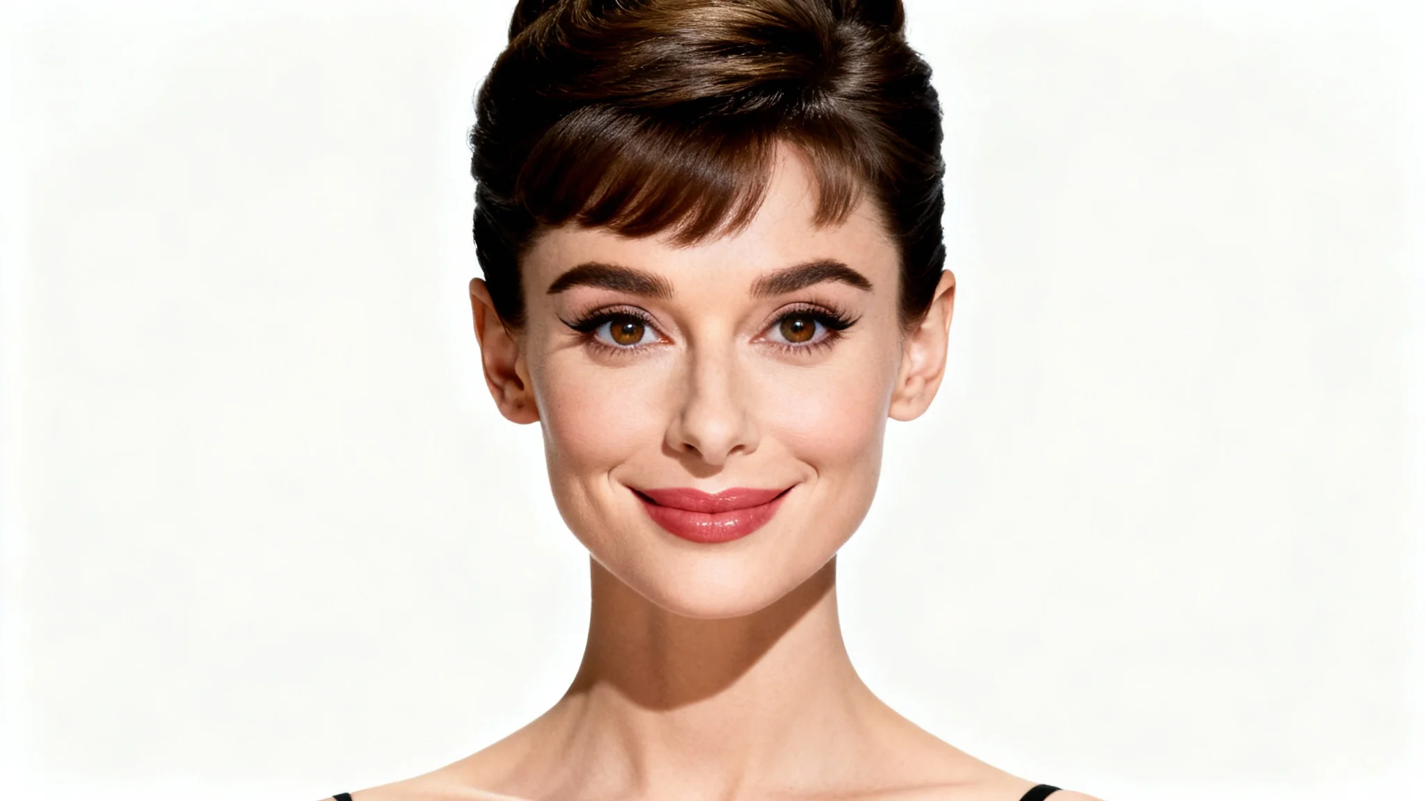 A hyper-realistic headshot of a woman whose face is a seamless digital mashup of Audrey Hepburn and Anne Hathaway, against a plain white background.