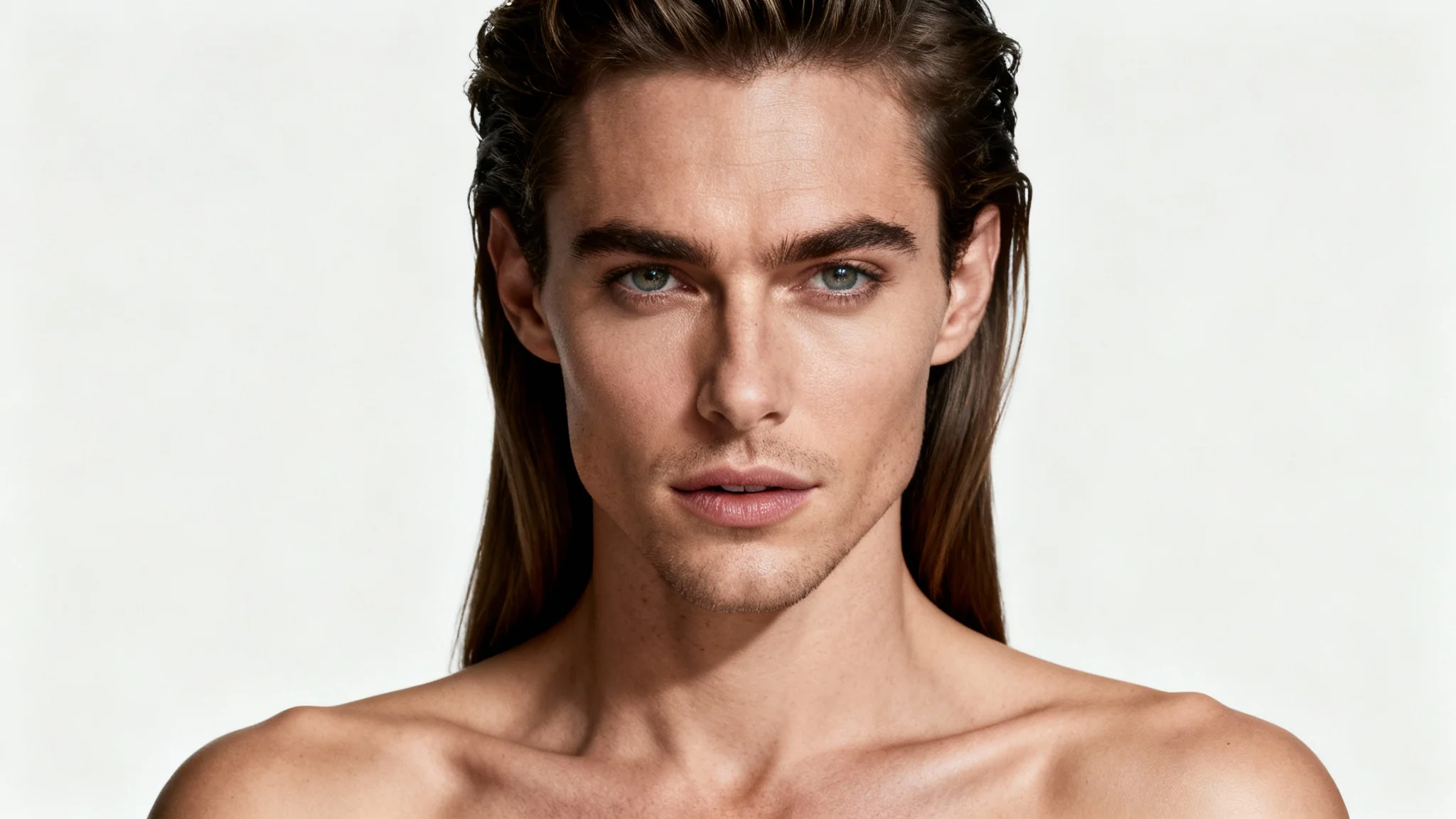 A hyperrealistic studio portrait of a person with androgynous features, created by digitally merging the faces of a male and female celebrity, against a plain white background.