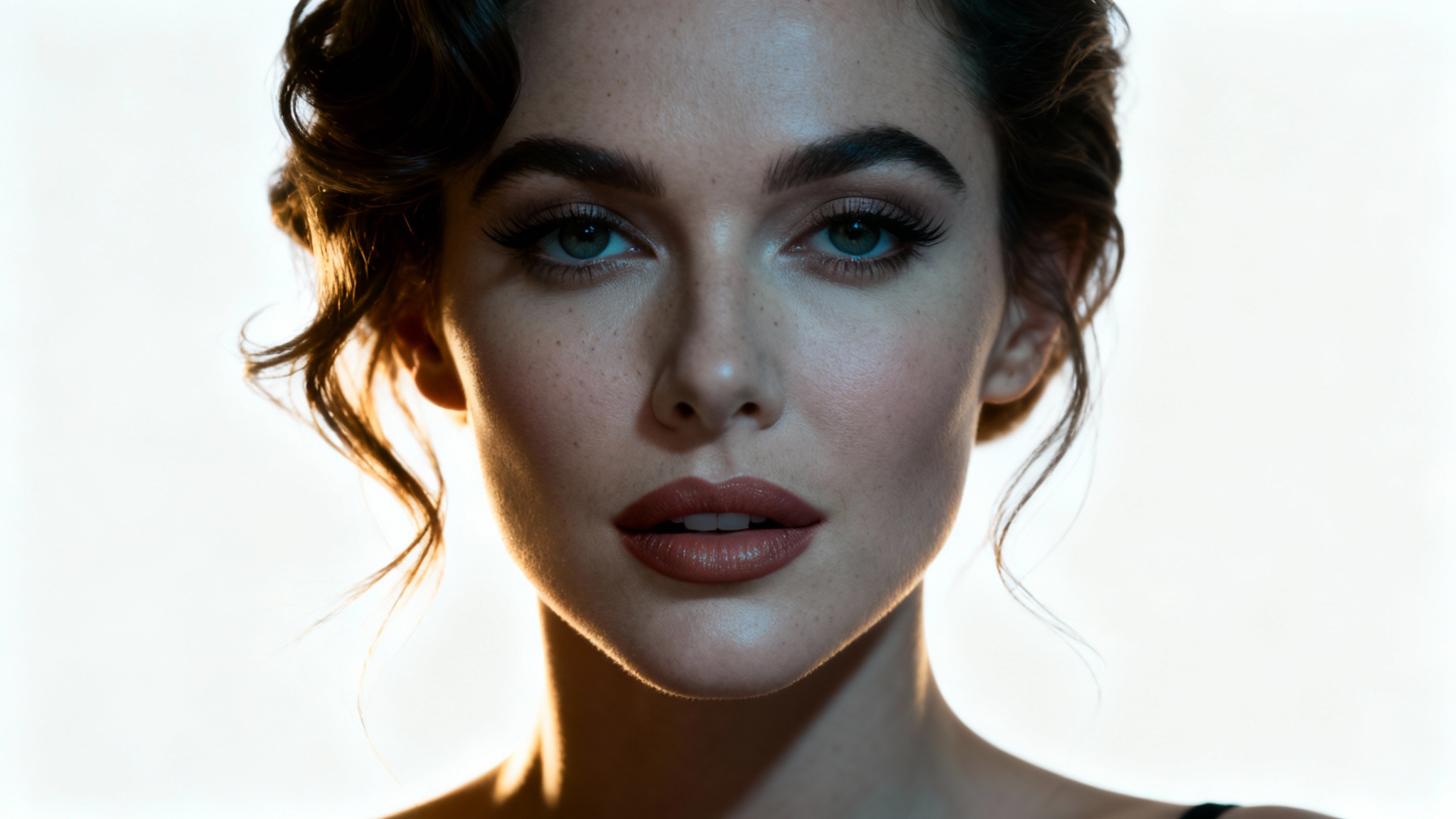 A hyperrealistic close-up portrait of a celebrity face mashup, flawlessly blending the features of two famous women into a completely new, beautiful face against a clean white background.