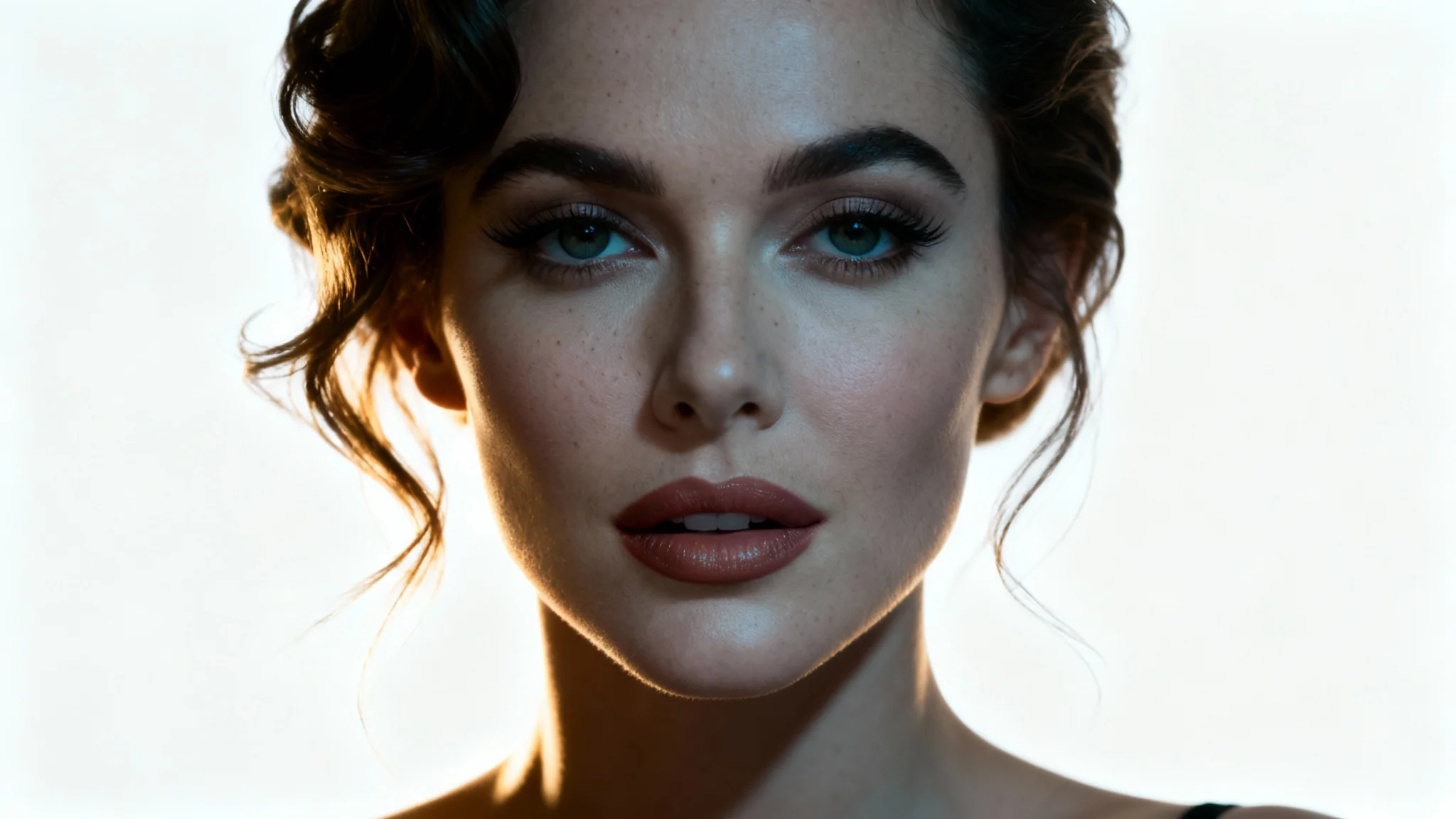 A hyperrealistic close-up portrait of a celebrity face mashup, flawlessly blending the features of two famous women into a completely new, beautiful face against a clean white background.