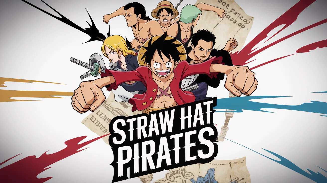A professionally designed 16:9 collage of 'One Piece' characters like Luffy and Zoro, arranged dynamically on a clean white background with the text 'STRAW HAT PIRATES'.