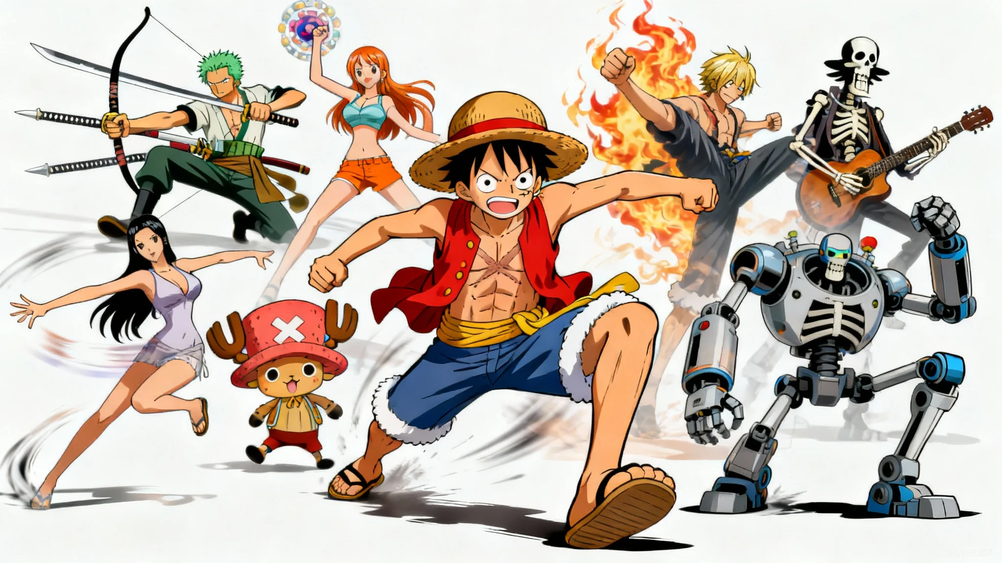 A vibrant collage featuring Monkey D. Luffy and the Straw Hat Pirates from the anime One Piece, set against a white background.