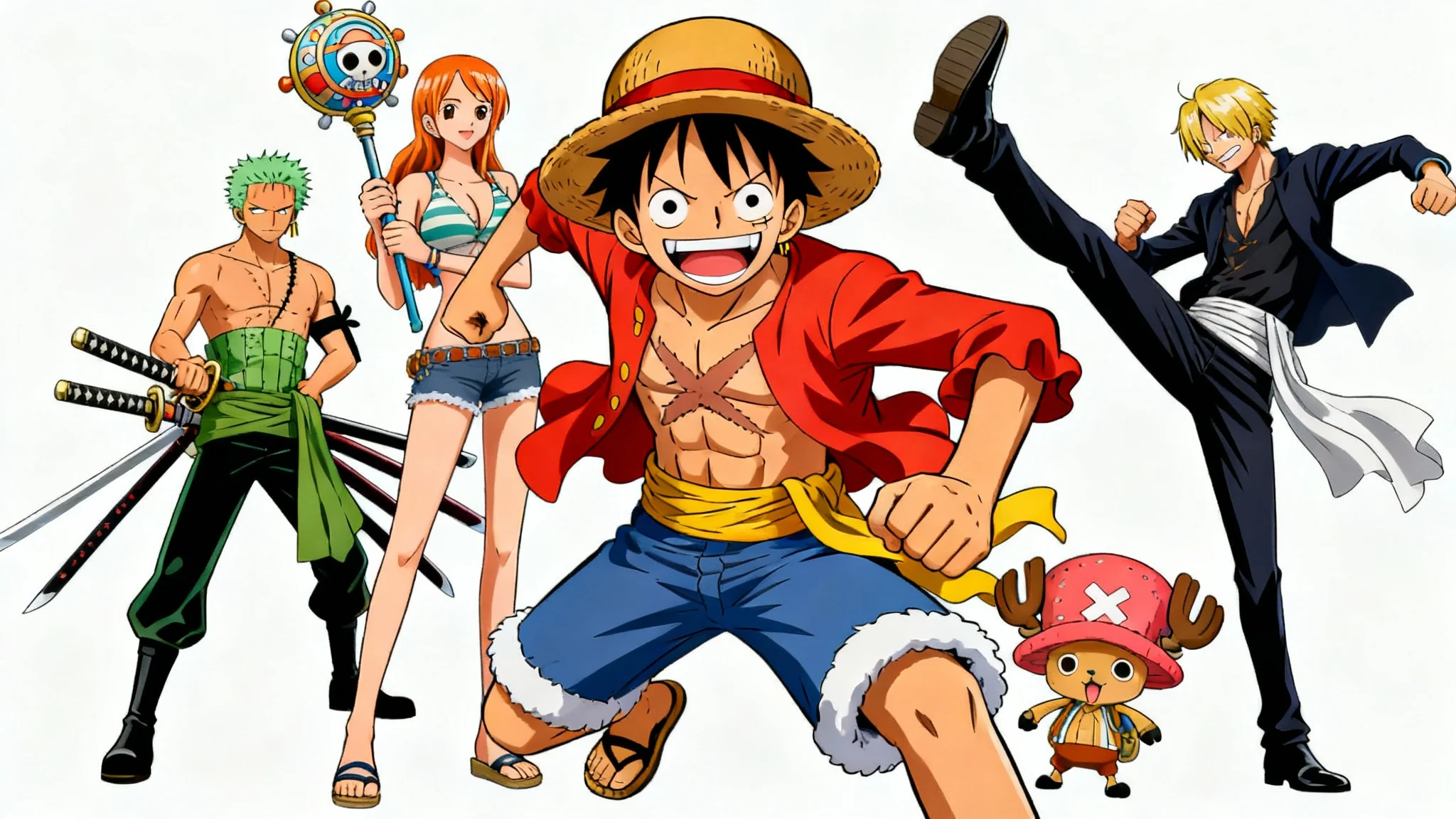 A dynamic collage of characters from the anime 'One Piece' set against a white background. Monkey D. Luffy is in the center, surrounded by Zoro, Nami, Sanji, and Chopper in action poses.