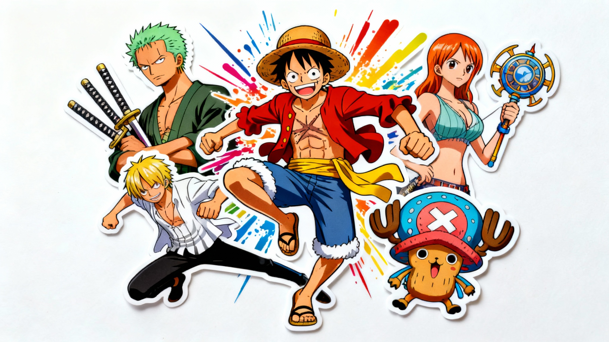 A vibrant collage of 'One Piece' anime characters, including Luffy, Zoro, Nami, Sanji, and Chopper, arranged dynamically against a clean white background in the style of the original manga.