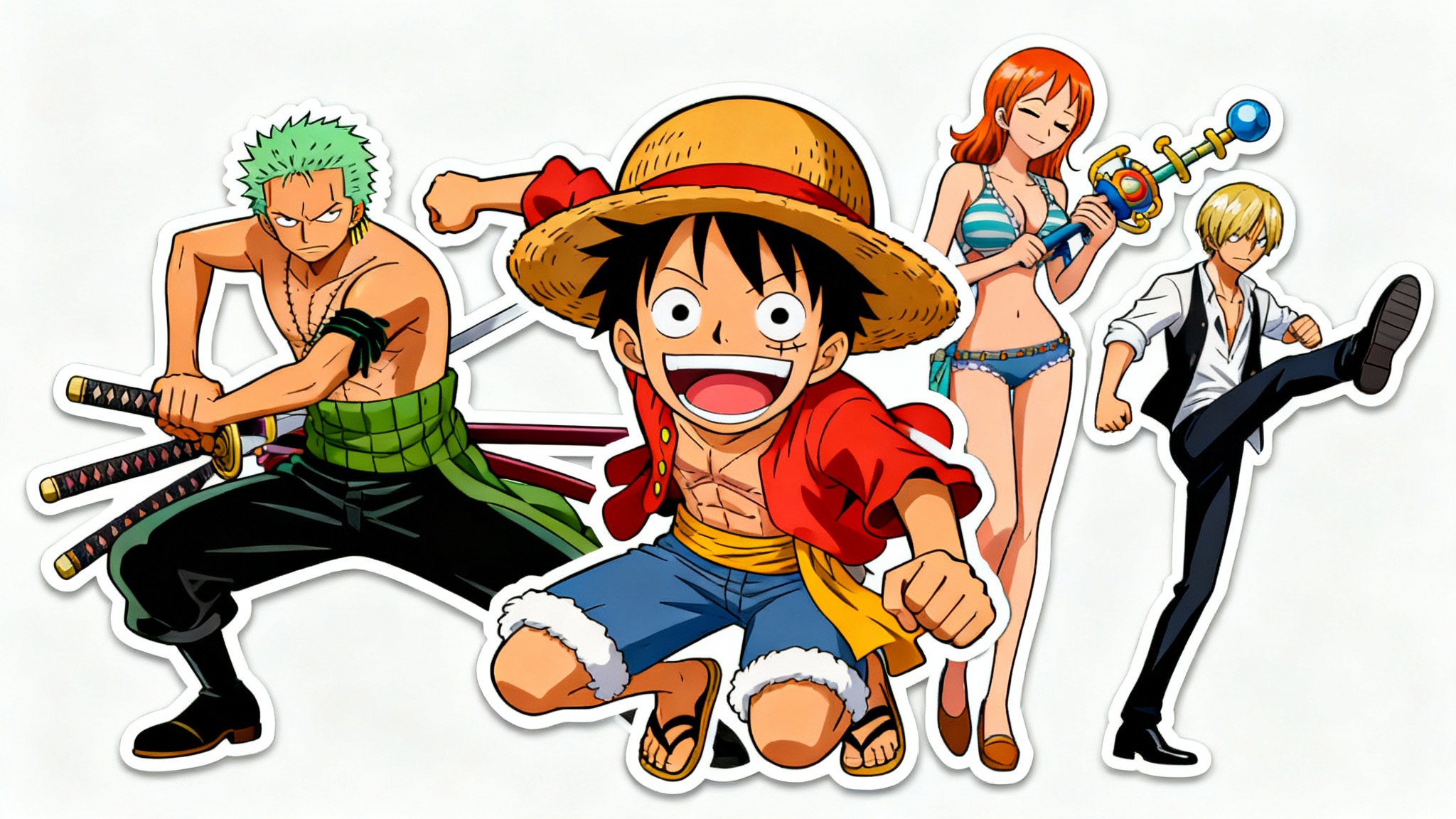 A colorful collage of characters from the anime One Piece, including Luffy, Zoro, and Nami, arranged dynamically on a white background.