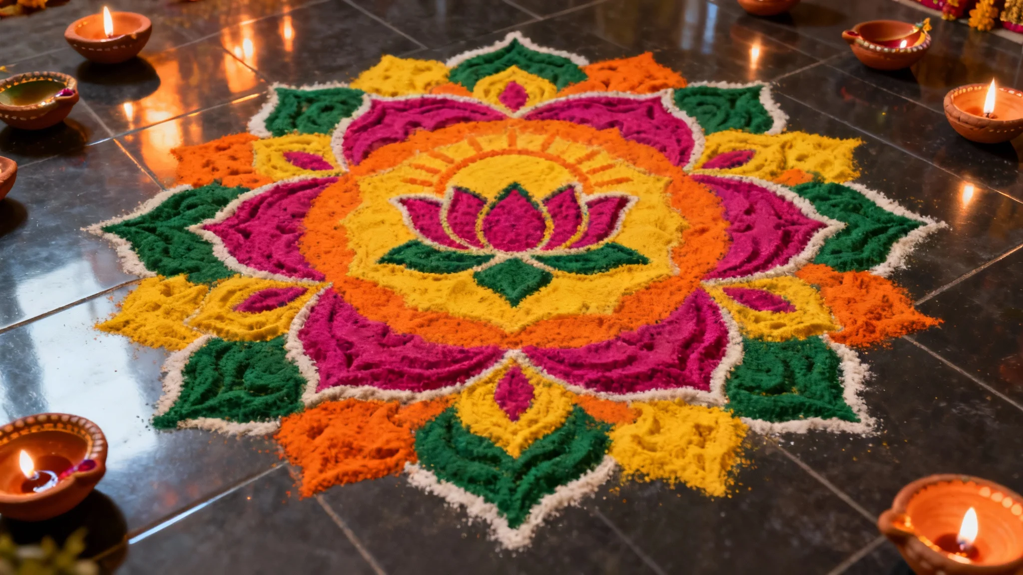 A stunning, bird's-eye view of an intricate and colorful Diwali rangoli, illuminated by the warm glow of small clay diyas placed around it.