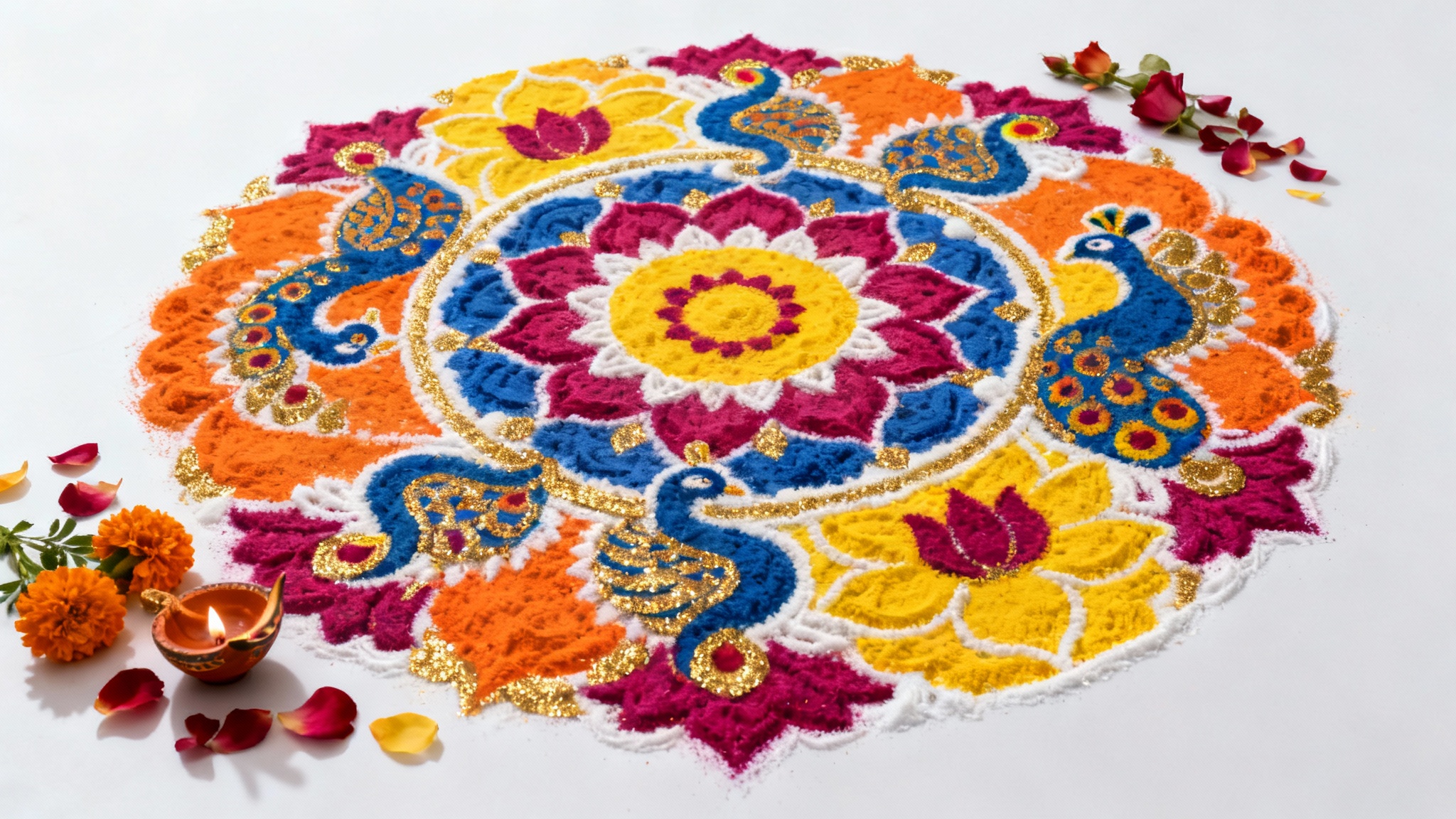 A stunning, colorful, and intricate Diwali rangoli with peacock and floral motifs, seen from a top-down perspective on a plain white background.