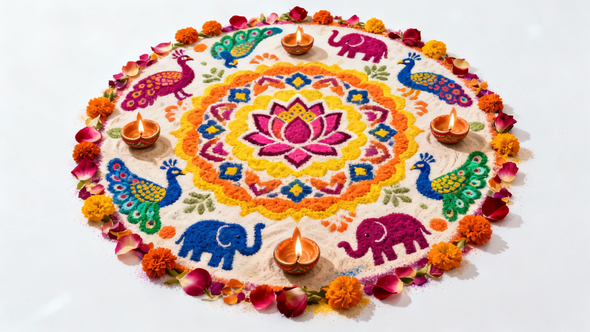 A detailed and colorful Diwali rangoli design, seen from a top-down perspective on a white background, featuring traditional motifs like lotuses and peacocks.