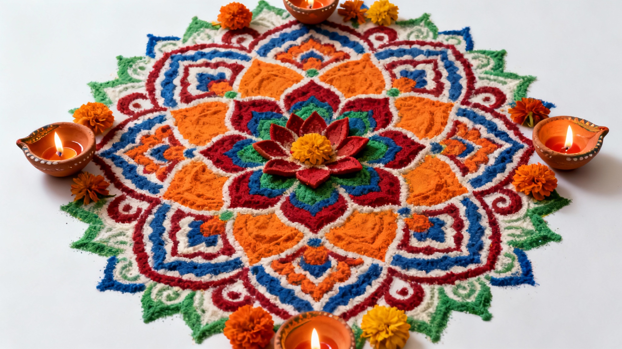 A beautifully intricate and colorful Diwali rangoli with a central lotus design, made of colored powders and flower petals, illuminated by small glowing clay lamps, all on a clean white background.
