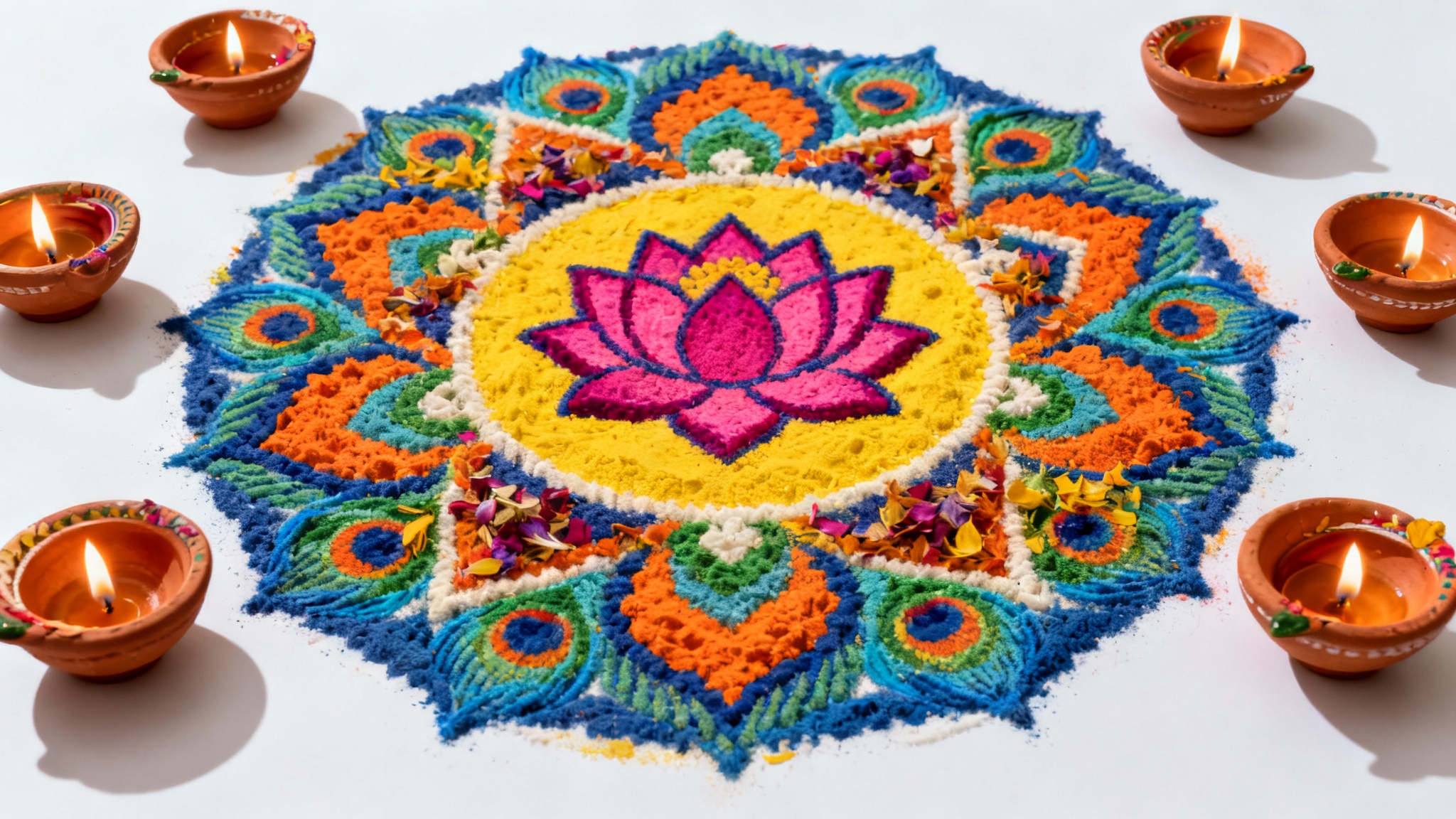 A vibrant and intricate Diwali rangoli design, seen from a top-down perspective on a white background. The circular pattern is made of colorful powders and is surrounded by lit clay oil lamps.