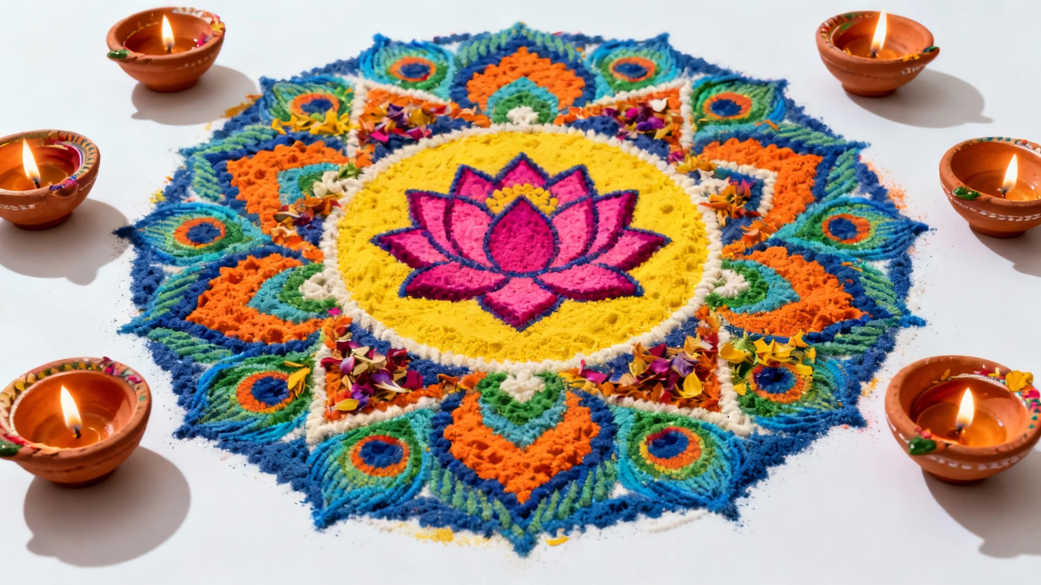 A vibrant and intricate Diwali rangoli design, seen from a top-down perspective on a white background. The circular pattern is made of colorful powders and is surrounded by lit clay oil lamps.