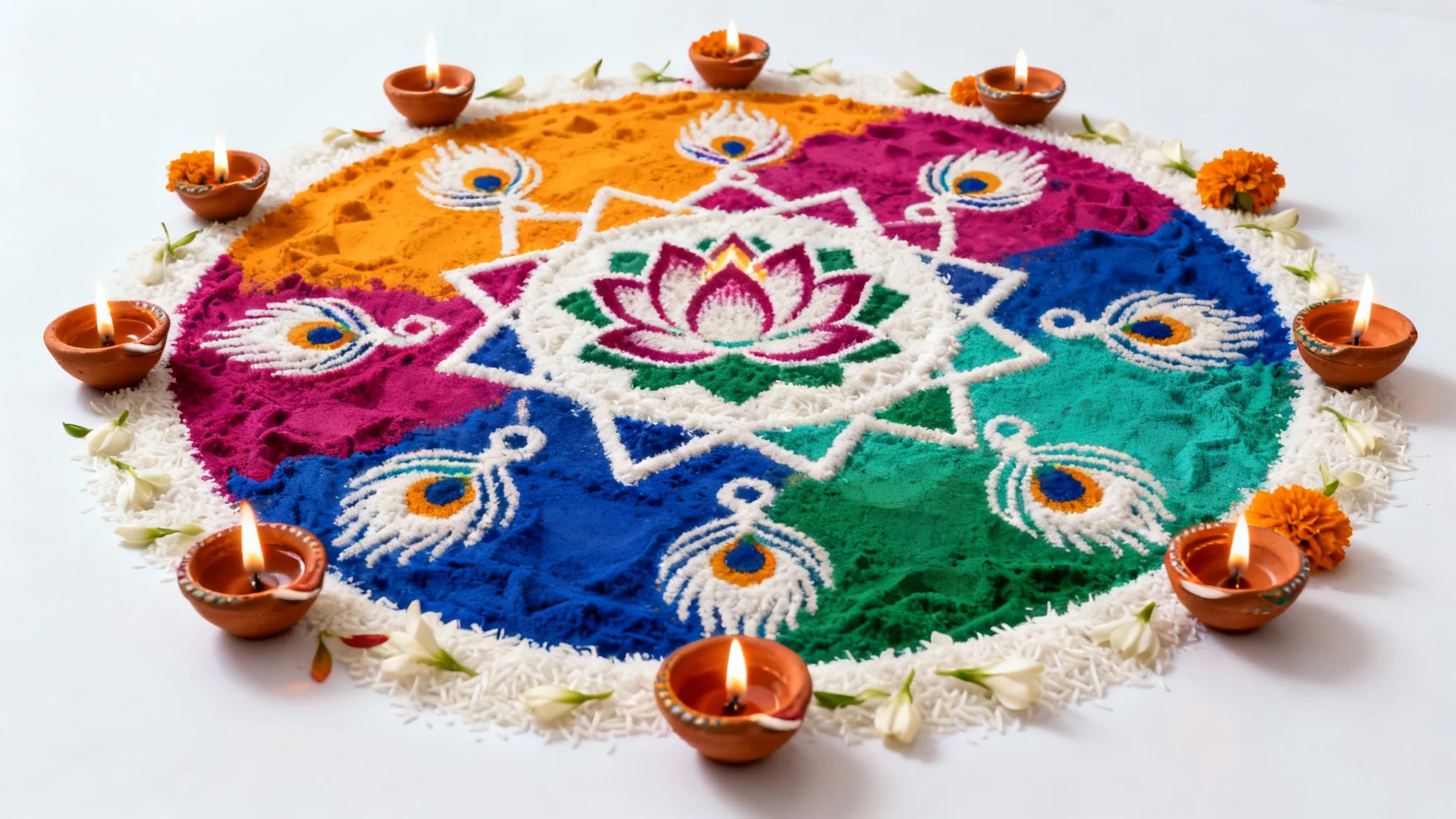 A highly detailed, top-down view of a colorful and intricate Diwali Rangoli with lit clay lamps, set against a clean white background.