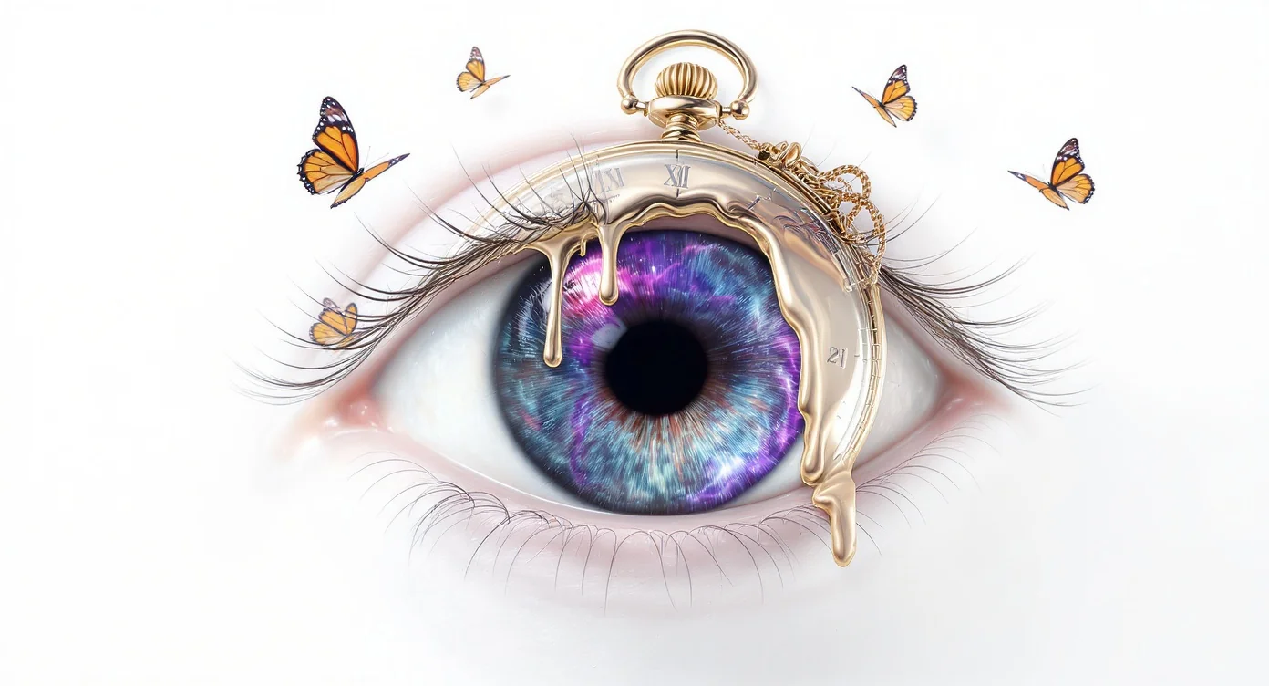 A surrealist digital artwork of a giant human eye with a nebula for an iris. A golden pocket watch is melting over the eye, and stained-glass butterflies flutter nearby, all against a stark white background.