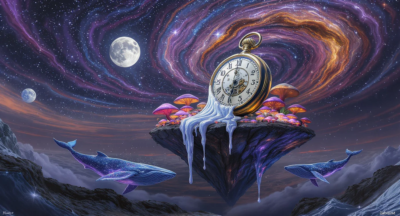 A surrealist painting depicting a giant melting pocket watch on a floating island with glowing mushrooms, as cosmic whales swim in the purple twilight sky below.