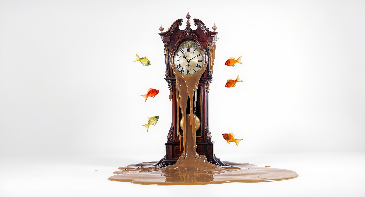 A surrealist artwork depicting a tall mahogany grandfather clock on a white background. The clock's face is melting down to the floor, forming a puddle from which several colorful glass fish are leaping.
