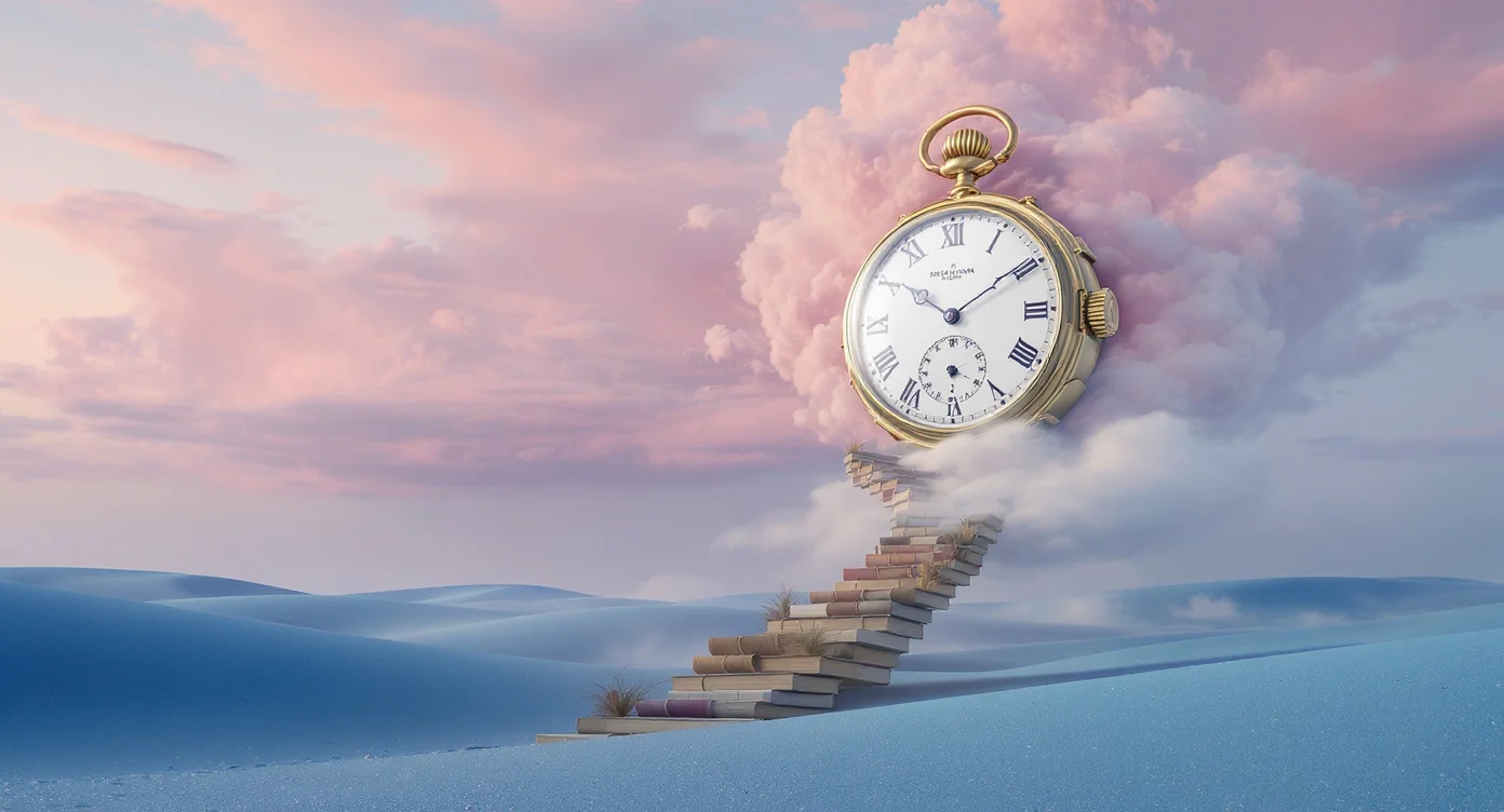 A surrealist art piece showing a giant gold pocket watch floating in a pastel sky over a blue sand desert, with a staircase of books leading up to it.