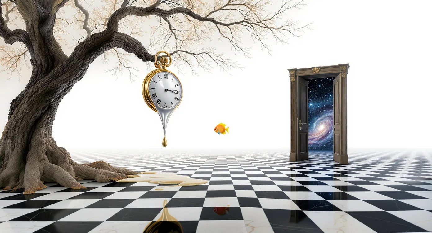 A surrealist painting featuring a melting clock draped over a branch above a checkered floor, with a fish floating in the air and a doorway opening to a galaxy, all isolated on a white background.