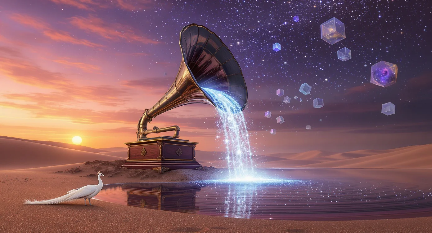 A surrealist digital painting depicting a giant brass gramophone in a desert at twilight. A waterfall of liquid starlight flows from the gramophone into a calm lake where a white peacock stands. Two suns set in a purple and orange sky with floating crystal shapes.