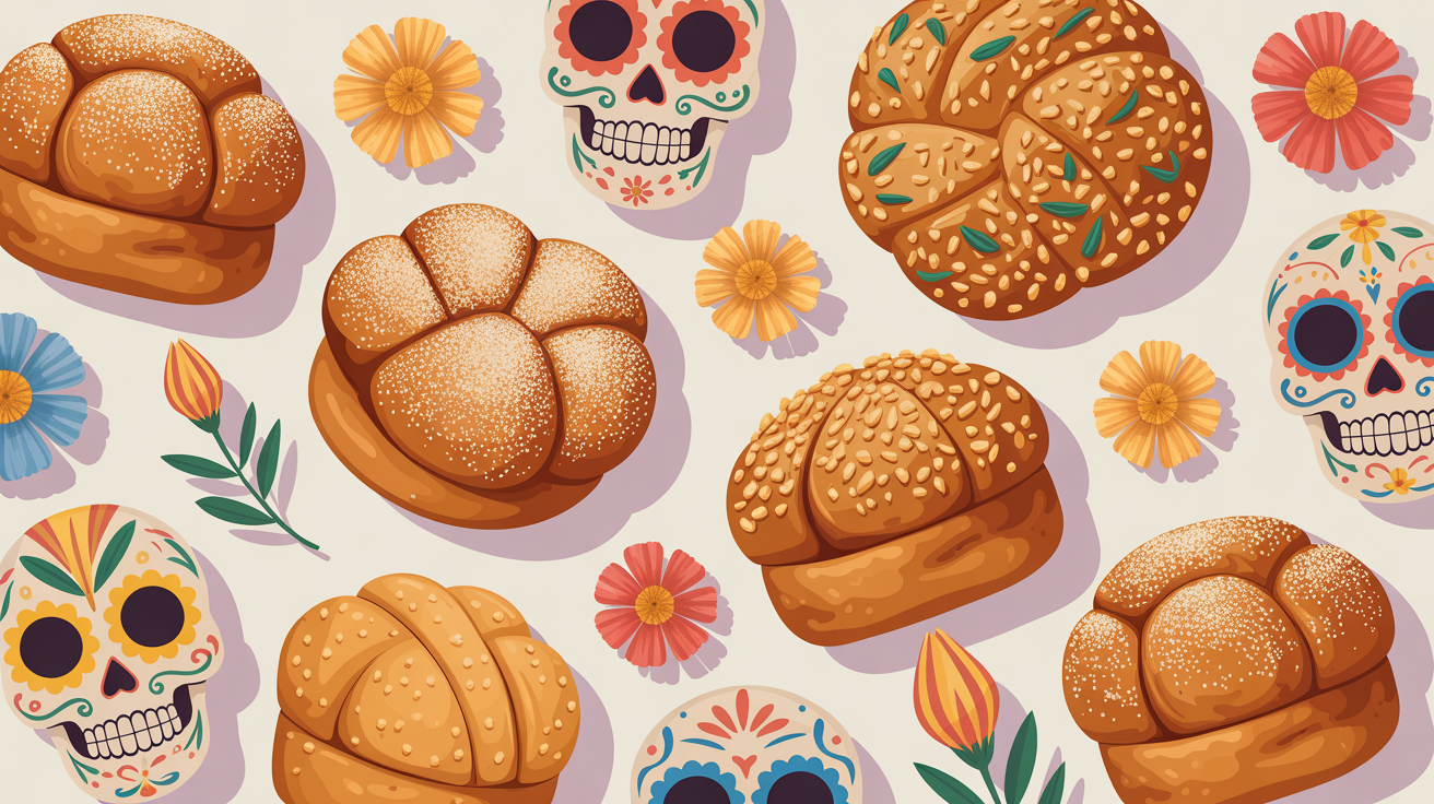 A vibrant collection of Pan de Muerto and Día de los Muertos clipart, including various illustrated breads, sugar skulls, and marigold flowers, arranged neatly on a clean background.