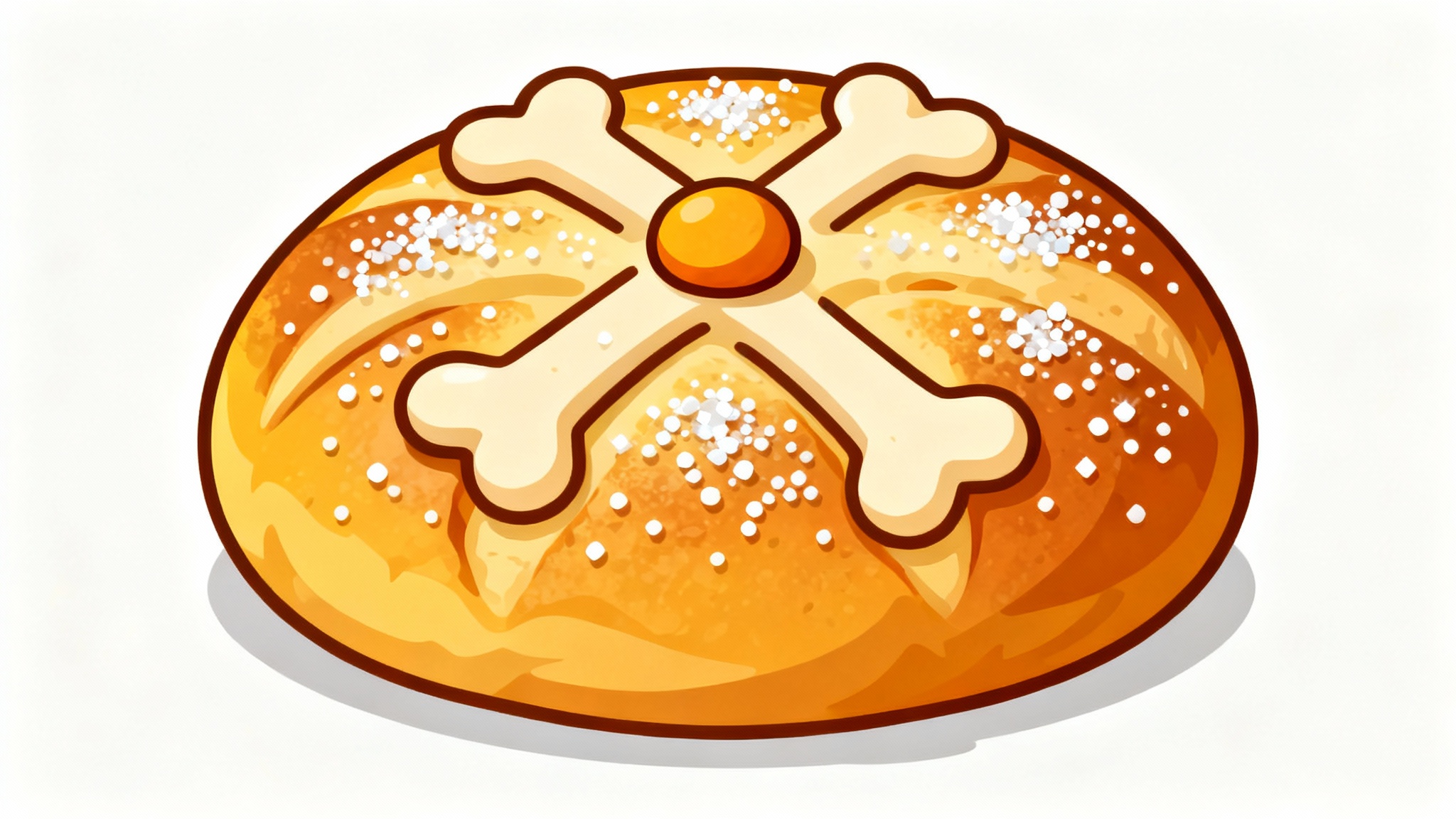 A colorful vector clipart of a traditional Pan de Muerto, a sweet bread decorated with bone-like shapes and sprinkled with sugar, isolated on a white background.