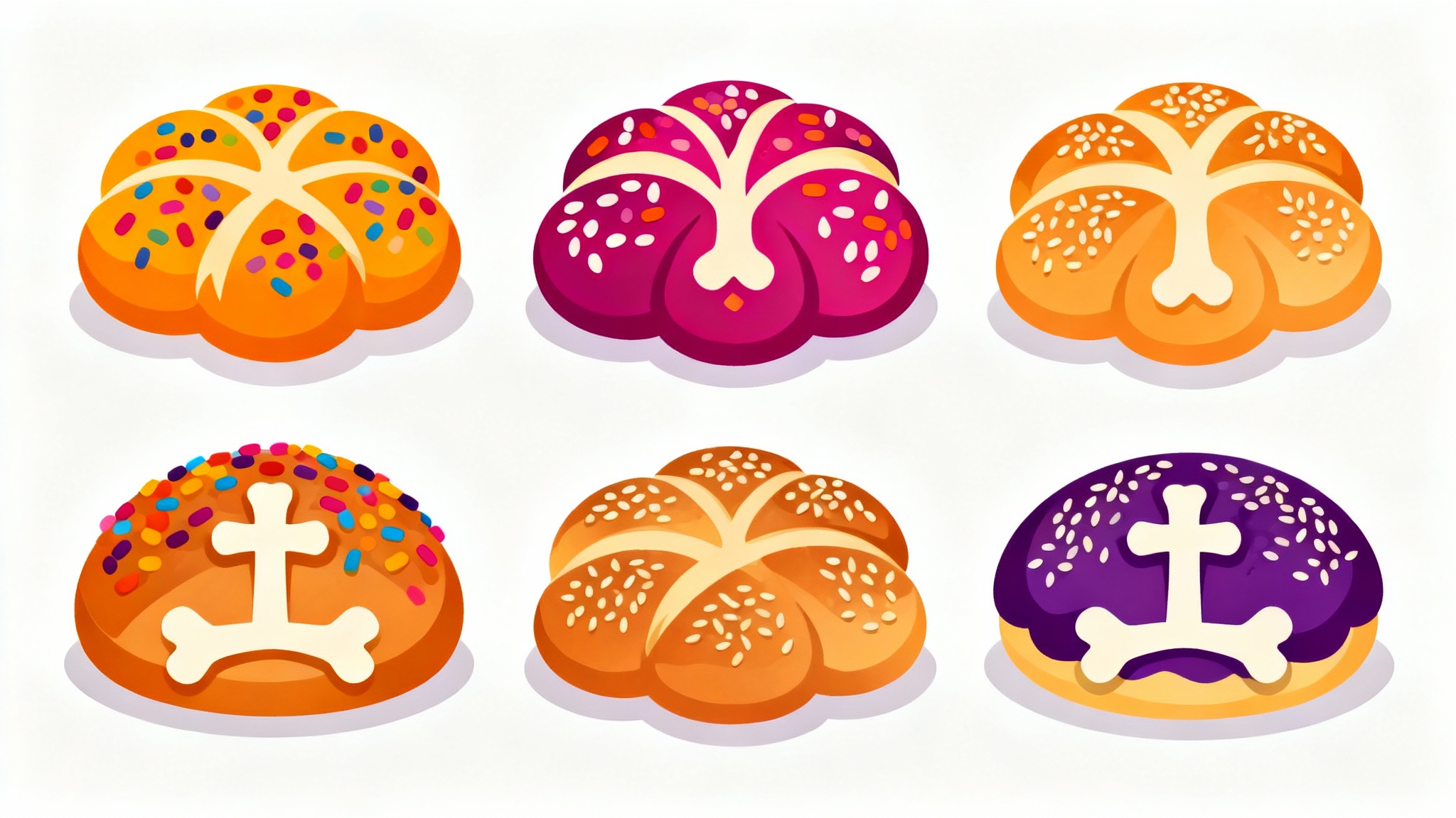 A collection of six vibrant, stylized clipart illustrations of Pan de Muerto, arranged on a plain white background, showing various colorful designs.