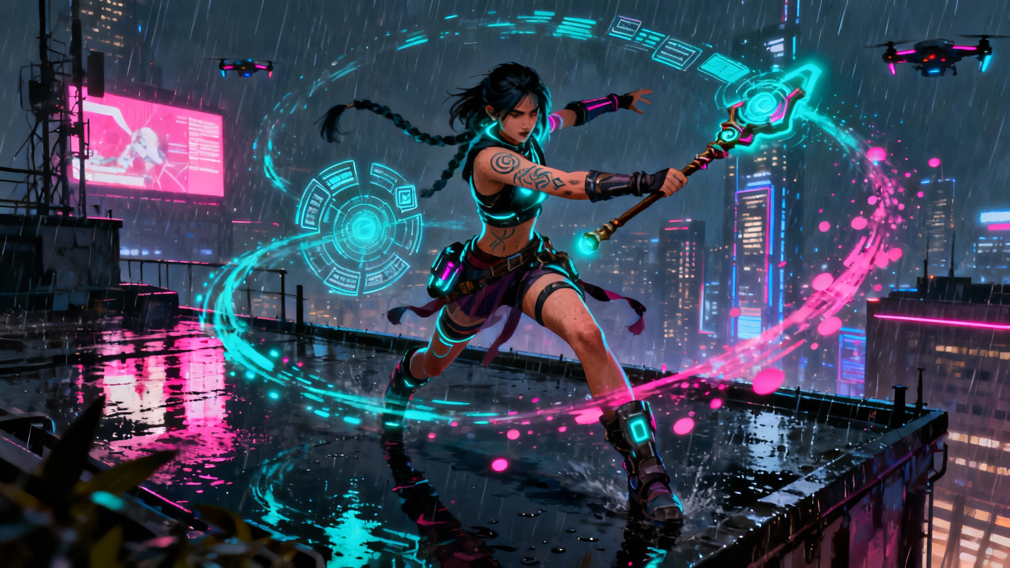 A dynamic digital painting of a female character in a futuristic city, casting a glowing spell. This is an example of video game splash art.