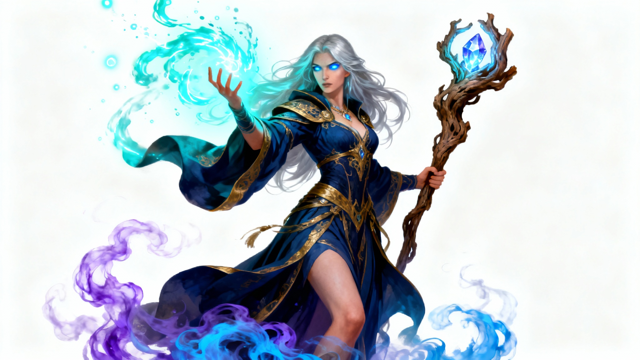 Splash art of a powerful female sorceress in dynamic motion, casting a spell with glowing blue energy, set against a white background.