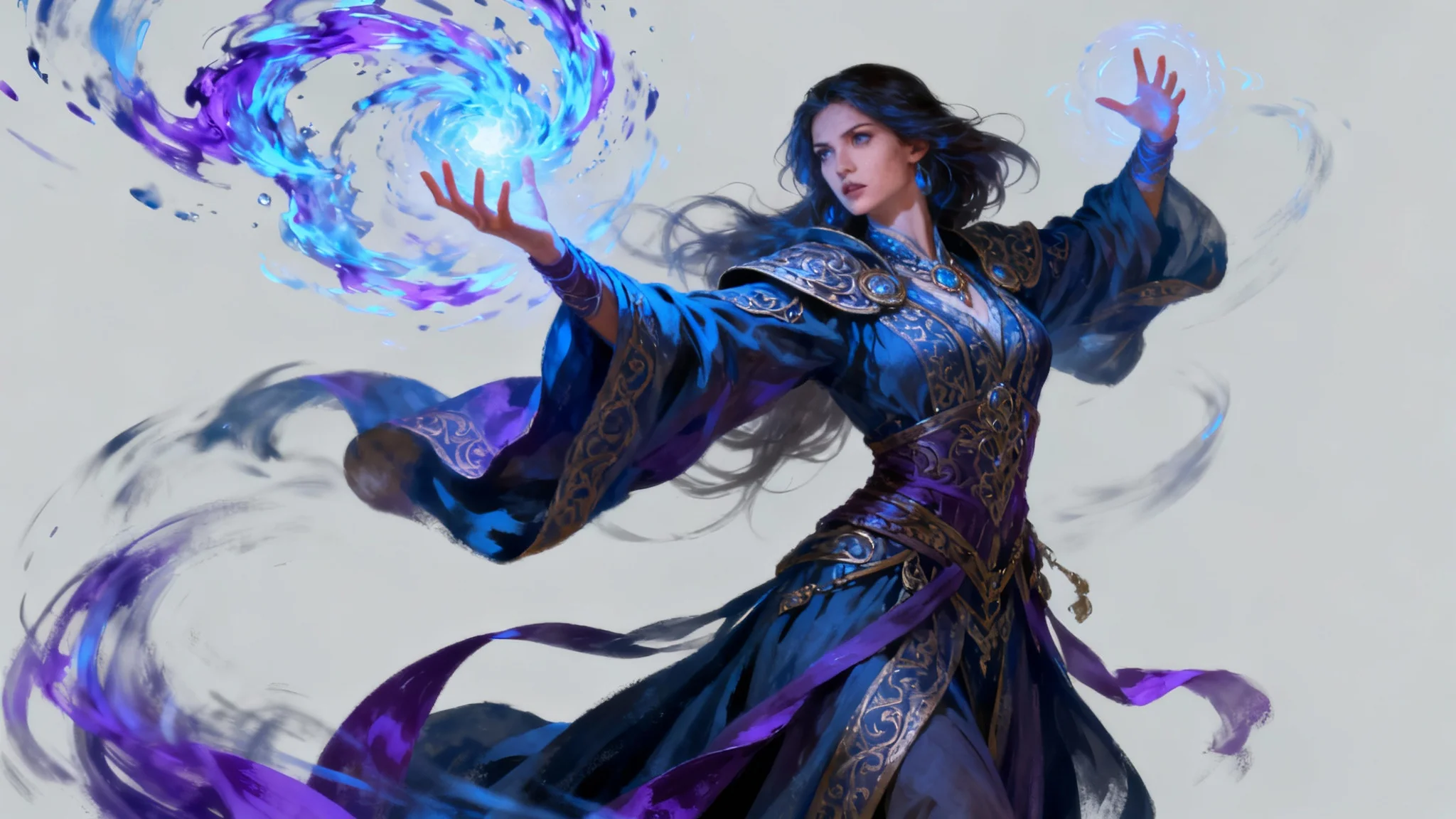 A detailed digital painting of a fantasy mage in the middle of casting a powerful spell, with vibrant magical energy swirling around her, set against a plain light gray background.