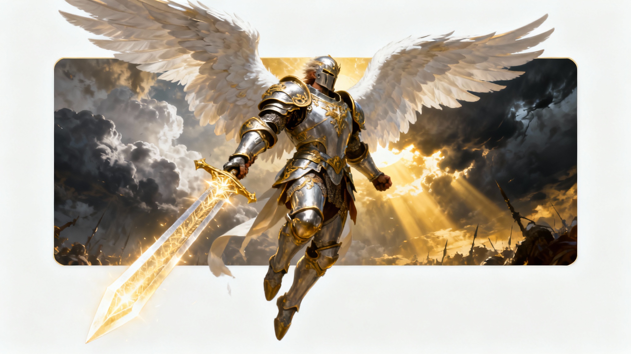 A cinematic piece of splash art showing an angelic knight in silver armor with large white wings, posing mid-air with a glowing sword against a stormy sky, all presented on a white background.