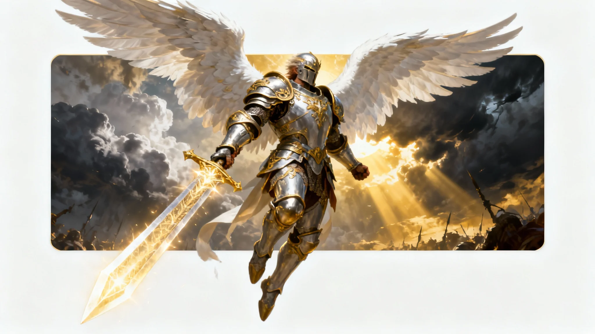 A cinematic piece of splash art showing an angelic knight in silver armor with large white wings, posing mid-air with a glowing sword against a stormy sky, all presented on a white background.