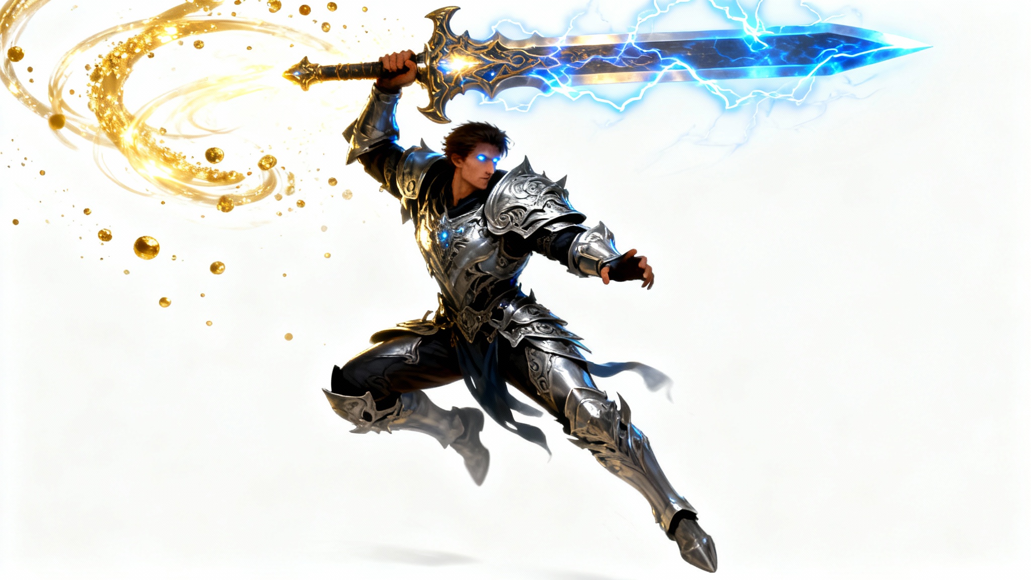 A dynamic piece of splash art showing a fantasy warrior in ornate armor leaping forward with a glowing sword, set against a clean white background.