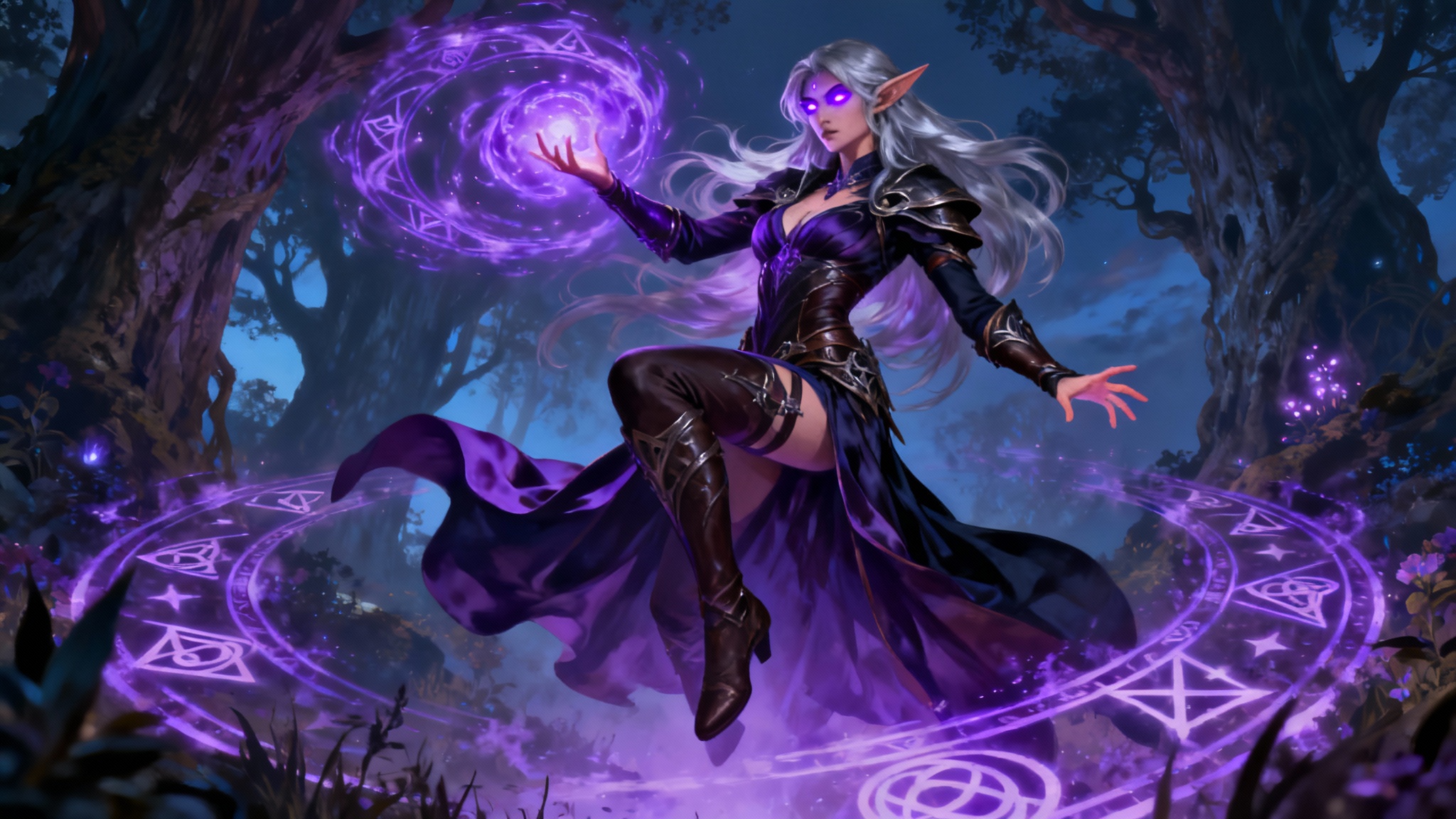 Epic splash art of a powerful elven sorceress casting a glowing purple spell in an enchanted forest at twilight, captured in a dynamic, highly-detailed digital painting style.