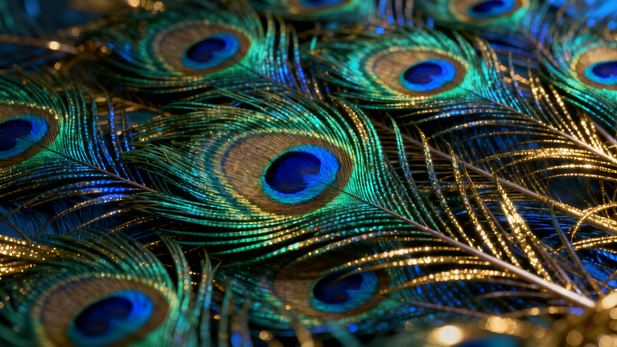A luxurious, high-resolution background composed of intricately detailed peacock feathers in vibrant shades of iridescent blue, green, and gold, creating an opulent and elegant visual tapestry.