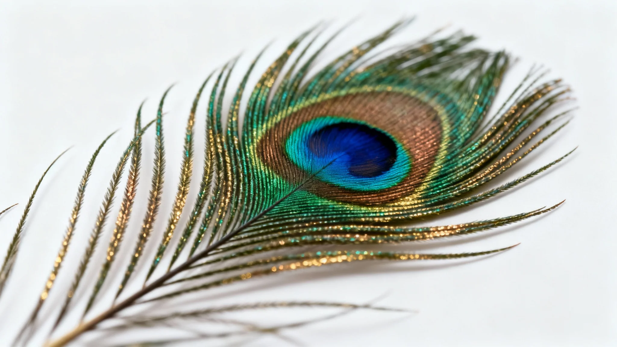 A hyper-realistic macro shot of a single peacock feather on a clean white background, highlighting the intricate details and vibrant, iridescent colors of its iconic 'eye'.