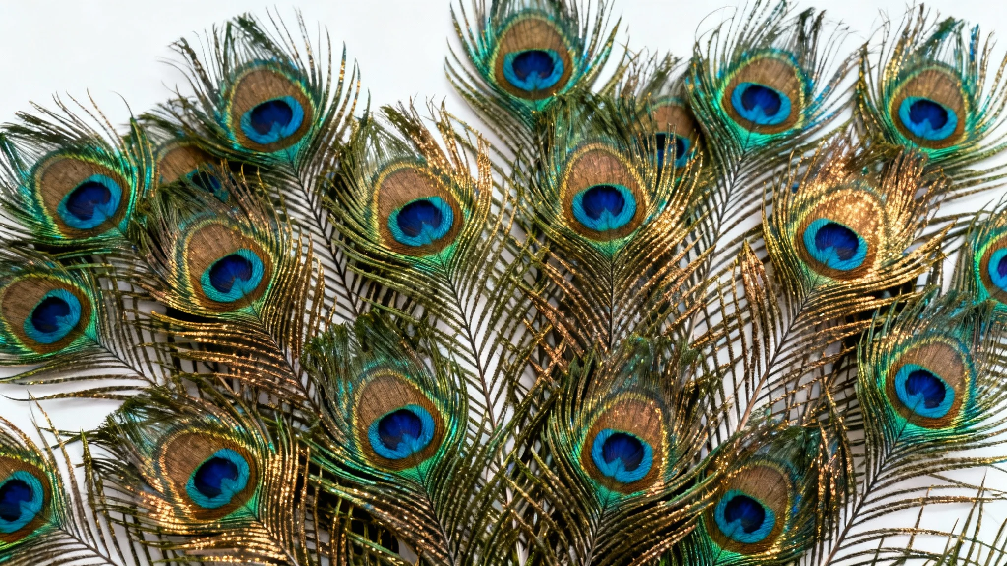 A detailed, close-up image of a vibrant peacock feather background, showing the iridescent blues, greens, and golds of the intricate feather patterns.
