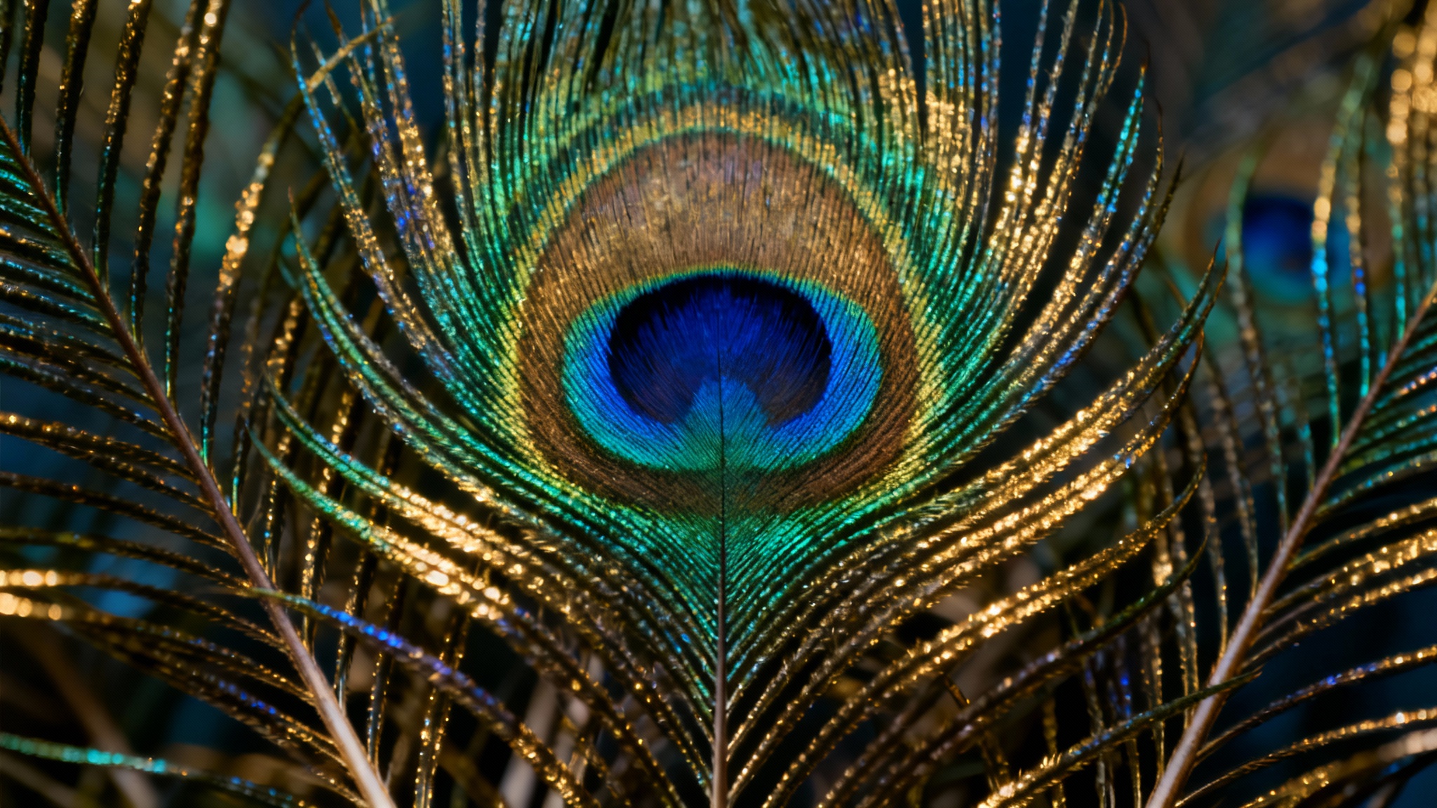 A vibrant macro photograph of a peacock feather, its iridescent eye glowing with shades of blue, green, and gold, forming a detailed and luxurious textured background.