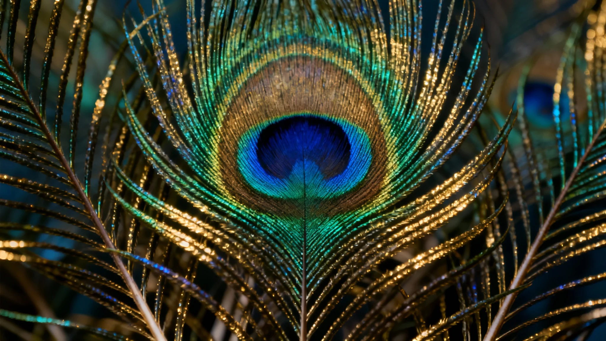 A vibrant macro photograph of a peacock feather, its iridescent eye glowing with shades of blue, green, and gold, forming a detailed and luxurious textured background.