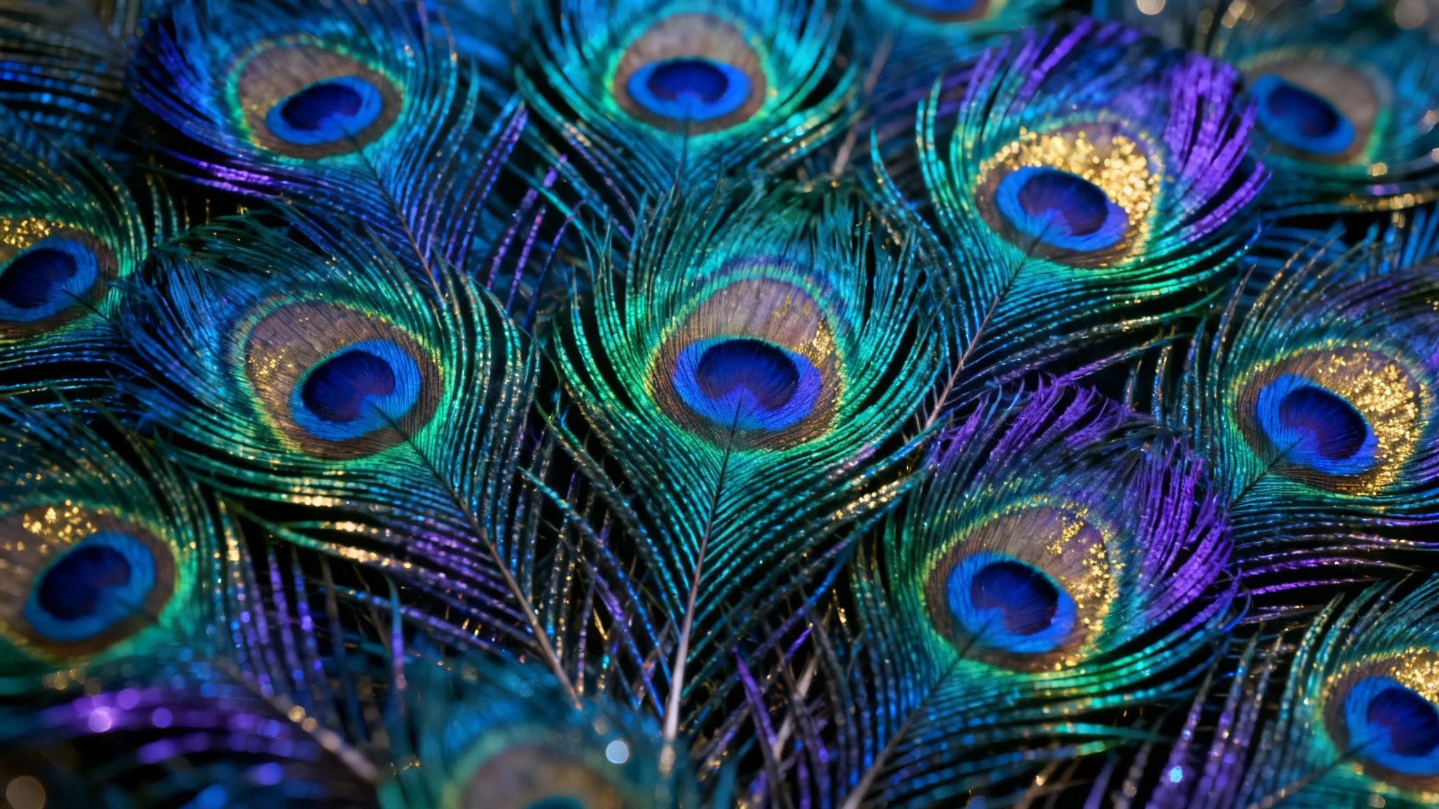 A stunning, hyper-detailed macro shot of a peacock feather background, showcasing the vibrant and iridescent blue, green, and gold colors in a seamless, overlapping pattern.
