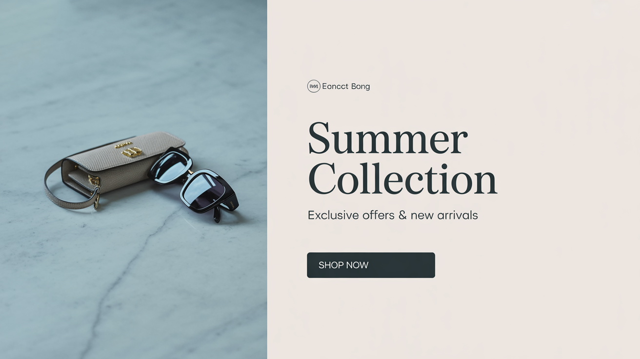 A final design for an e-commerce Facebook cover. The left side features a professional photo of a handbag and sunglasses. The right side has a cream background with the text 'Summer Collection', 'Exclusive Offers & New Arrivals', and a 'Shop Now' button.